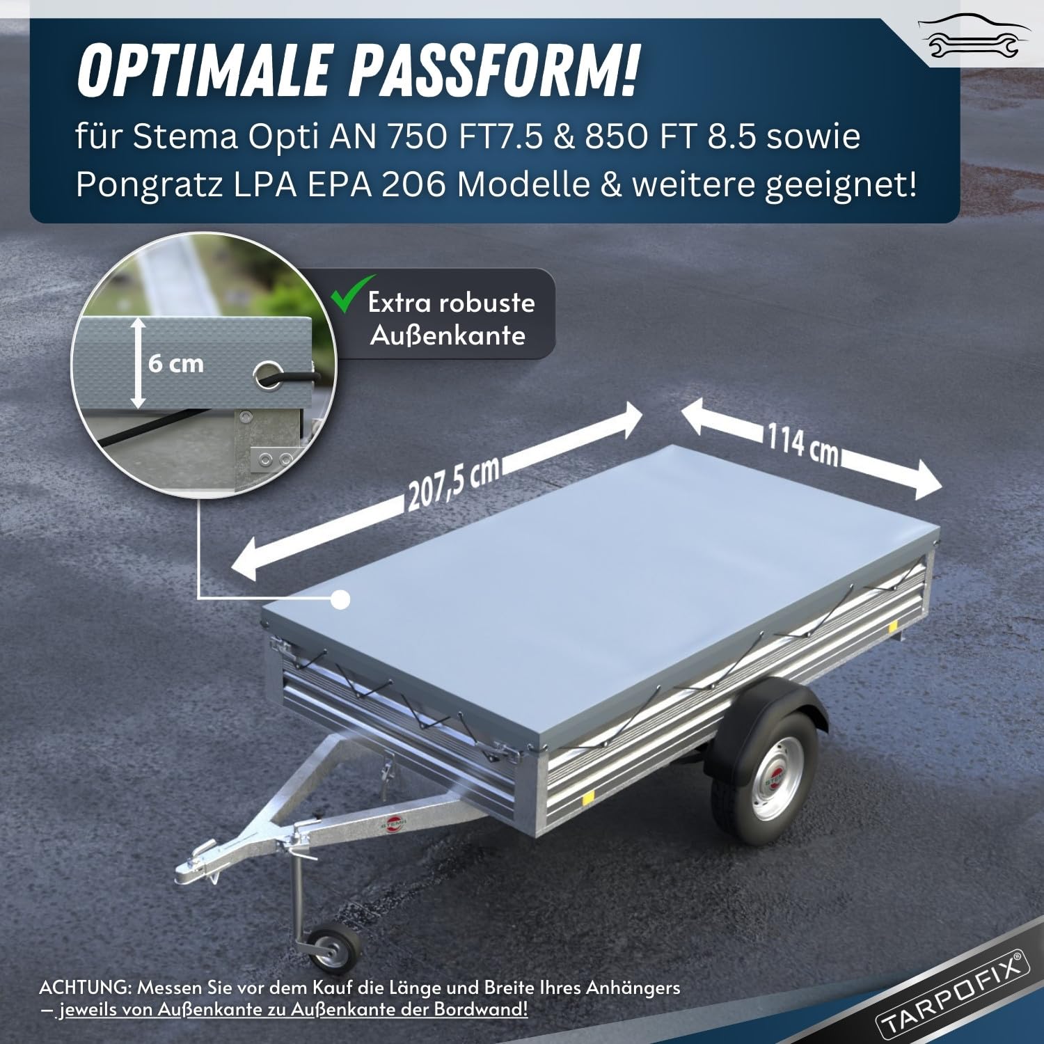 Tarpofix® Anhänger Plane 207x114 cm inkl. Planenseil | Anhängerplane Flachplane aus PVC PLANENMATERIAL | Verstärkte Stema Anhänger Plane für 750kg PKW Hänger | Abdeckplane Anhänger Abdeckung | Grau