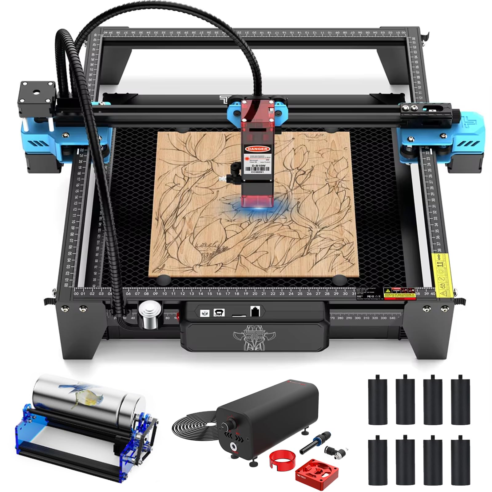 Twotrees TTS-10 PRO 10 W Graveur laser pour bois, cuir, avec plaque en nid d'abeille de 400 mm, tambour rotatif L1, pompe à air 30 l/min, réduit la fumée et la poussière