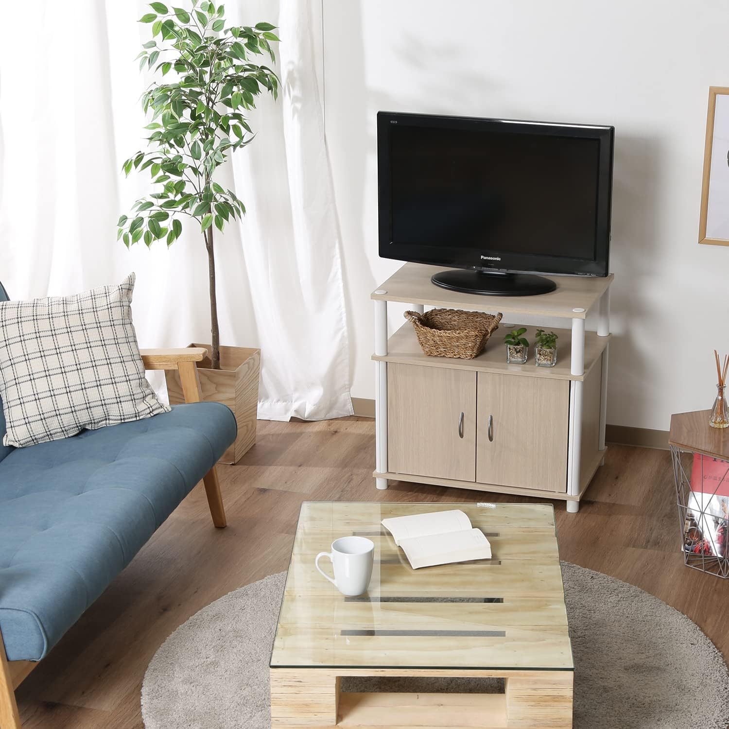 不二貿易(Fujiboeki) テレビ台 ローボード 22型 幅60×奥行39.5×高さ58cm ホワイトウォッシュ 木目調 TVラック 扉収納付き 組立商品 97528