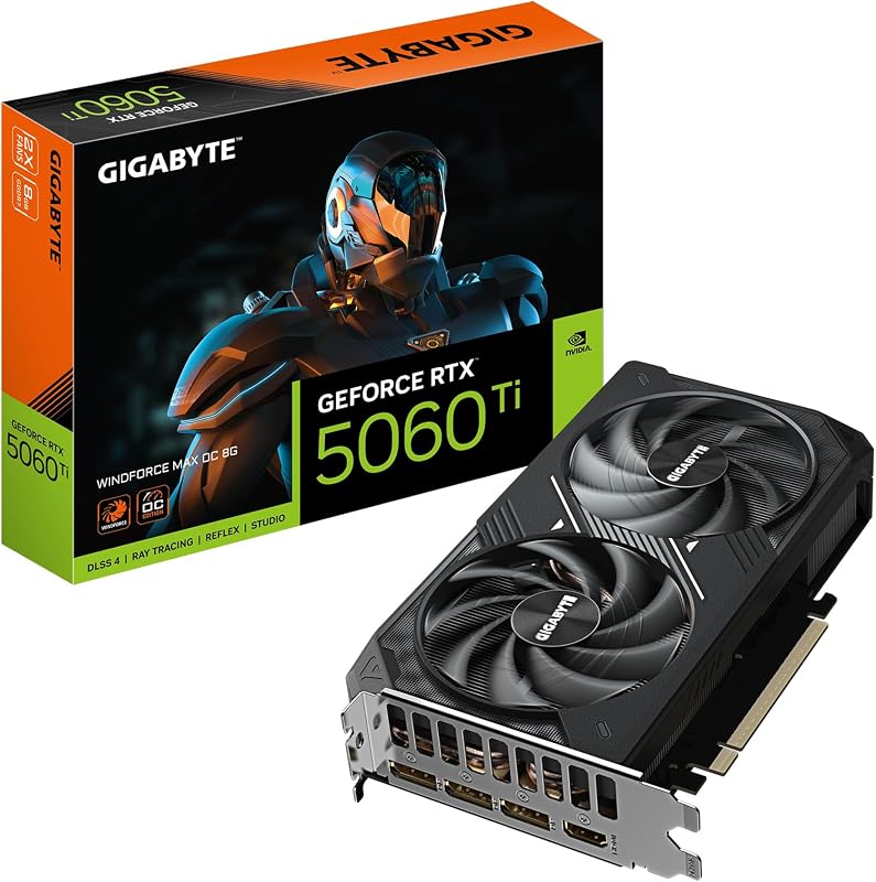 Tarjeta gráfica GeForce RTX 5060 Ti WINDFORCE MAX OC 8G - 8GB GDDR7, 128Bit, PCI-E 5.0, frecuencia central de 2617MHz, 3X DisplayPort, 1x HDMI, NVIDIA DLSS 4, GV-N506TEAGLEMAX OC-8GD