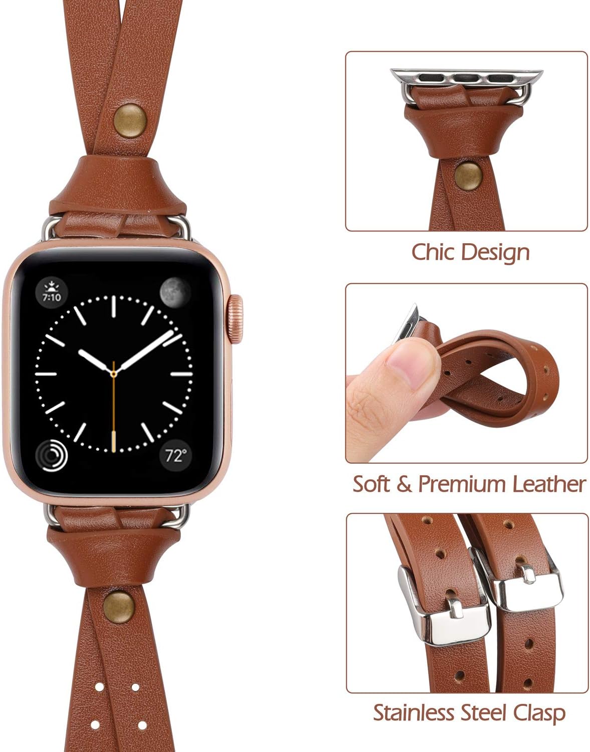 Minyee Leather Bands Compatible with Apple Watch 38mm 40mm for iWatch SE Womens Double Fasten 42mm 44mm Wristband Sleek Rose Gold Strap Unique Rivet Bracelet Series 6 5 4 3 2 1, 8 Colors Photo