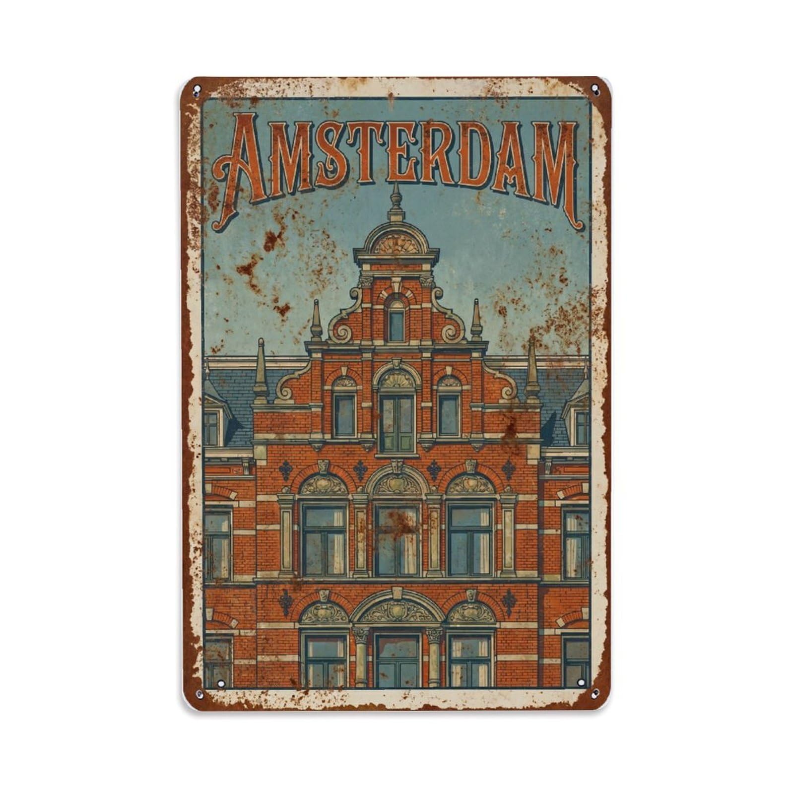 Vintage Travel Brickwork Netherlands Facade Metal Tin Sign Plaque Wall Decor for Cafe, Club Bar, Office, Home Garden Metal Poster 8x12Inch