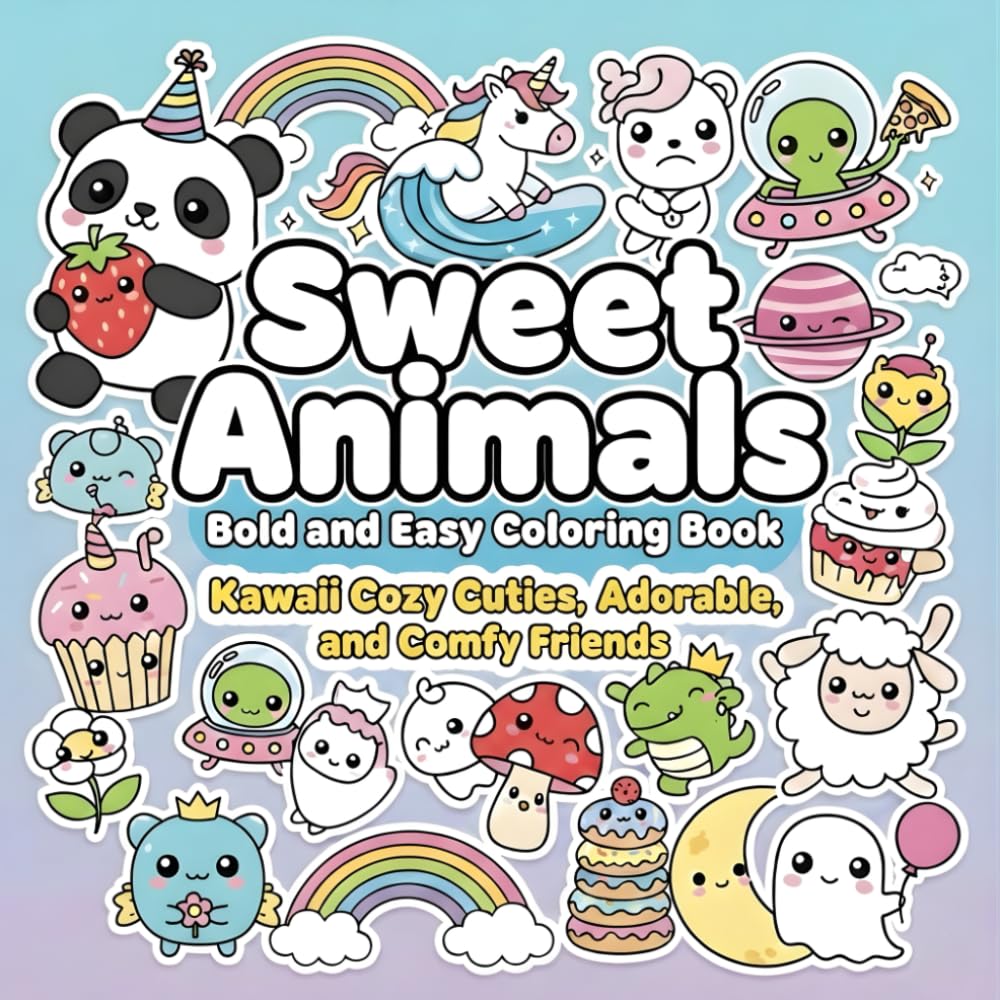 Sweet Animals Bold and Easy Coloring Book: Kawaii Cozy Cuties, Adorable Treats, and Comfy Friends Featuring Big and Simple Designs for Relaxation