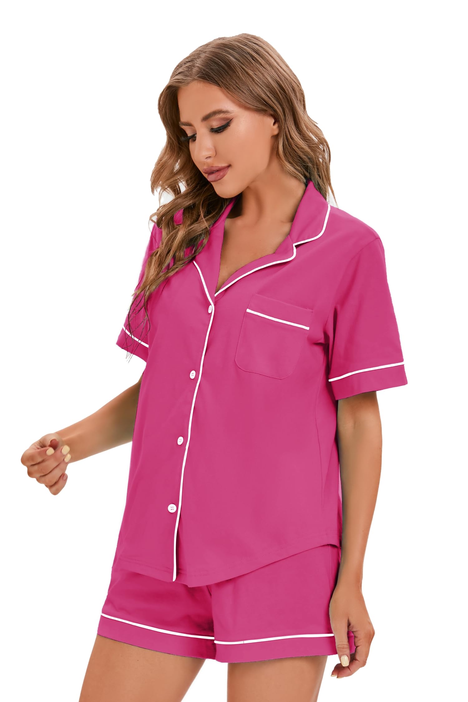 LUBOT Pyjama Femme Coton 100% ete, Pyjama à Manches Courtes, Pyjama Deux pièces pour Femme, vêtements de Nuit, vêtements de détente, tricotés & Haute élasticité, S - XXL