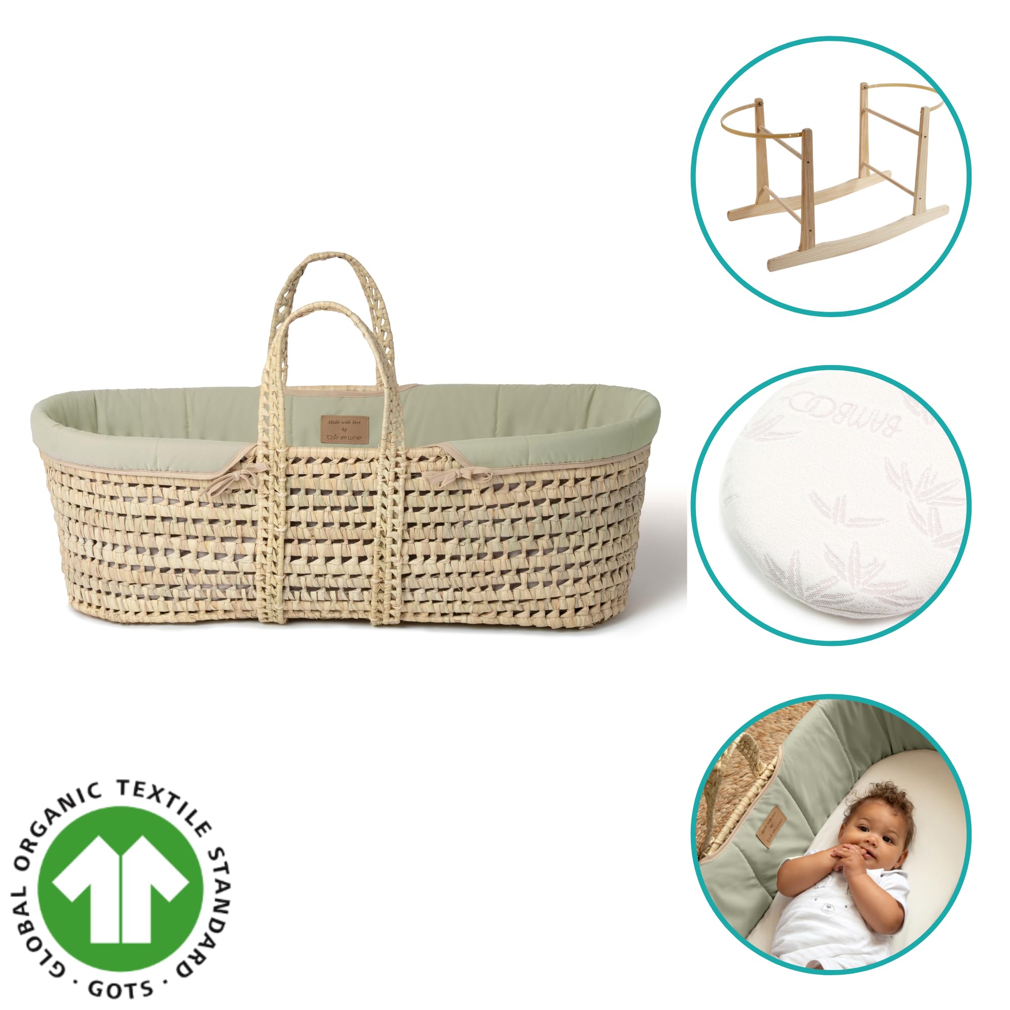 Clair de Lune Culla in palma biologica con supporto a dondolo naturale, premiata culla per bambini, 75 x 28 cm, verde salvia