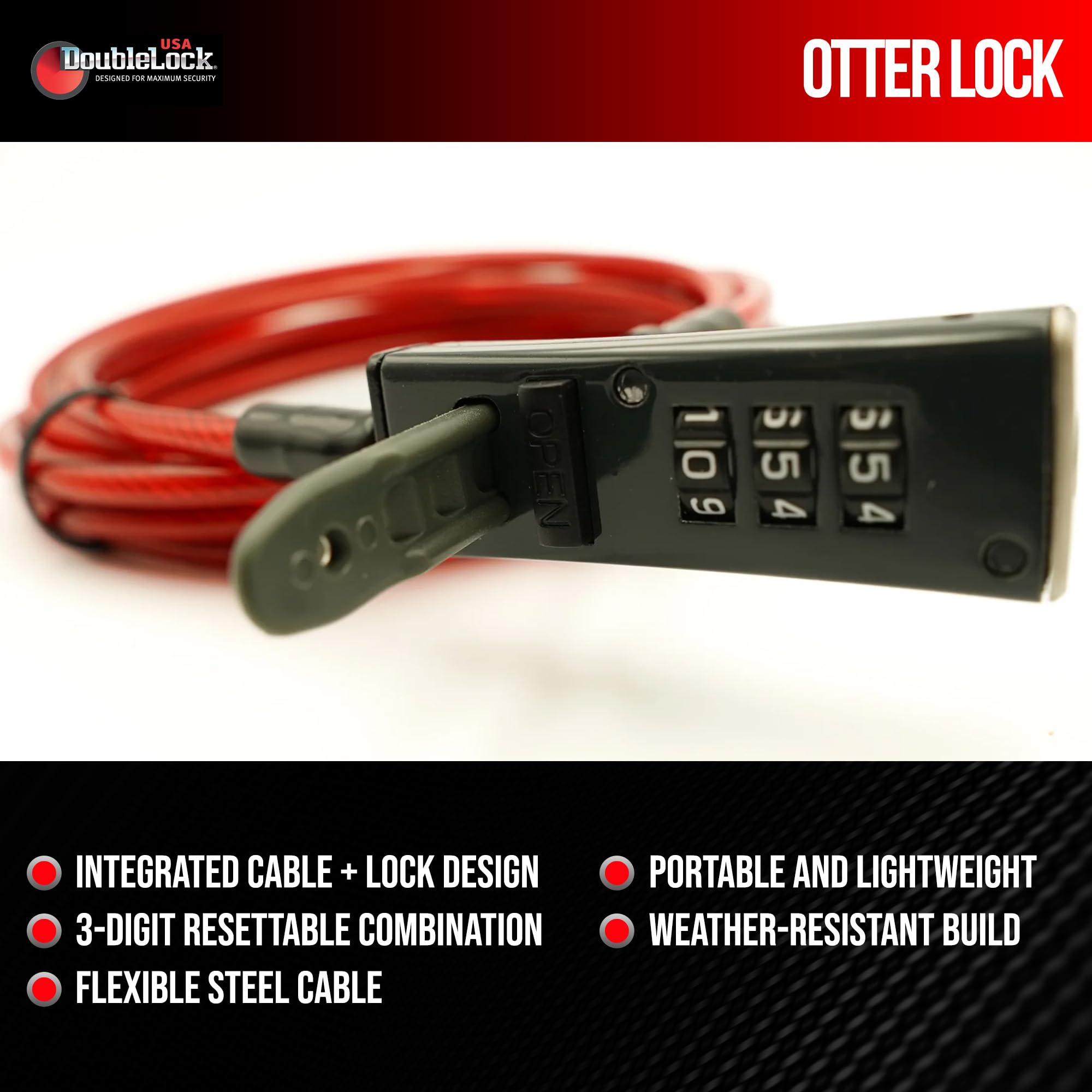 DoubleLock Otter Zintegrowany zamek szyfrowy – 3 m, odporny na warunki atmosferyczne, stalowy kabel, bezkluczykowy, resetowalny zamek do sprzętu outdoorowego, rowerów, chłodnic, kajaków i sprzętu