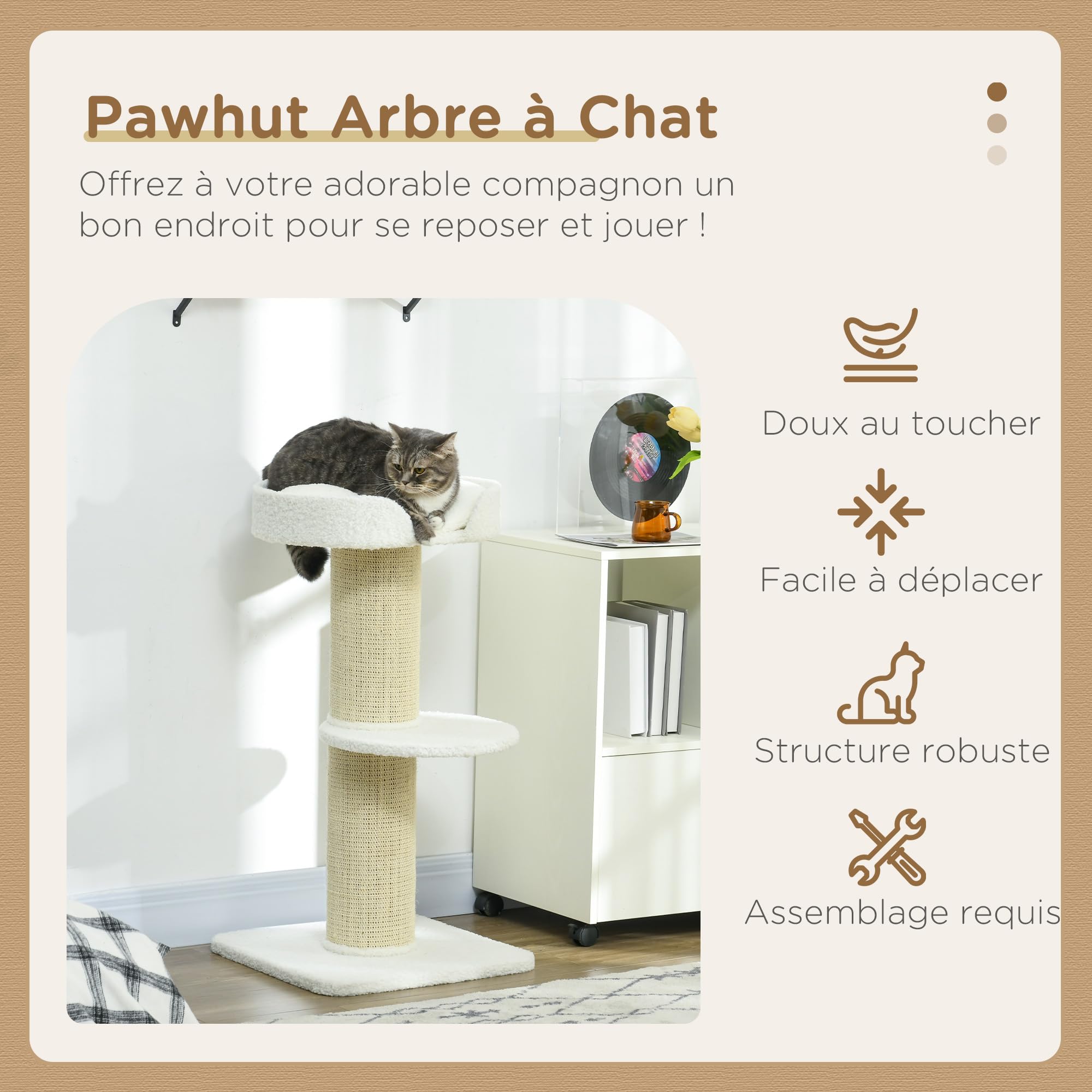 PawHut Albero per Gatti Palo da graffiare per Gatti Tessuto Fibbia, Centro attività 2 Piattaforme Altezza 91 cm Crema