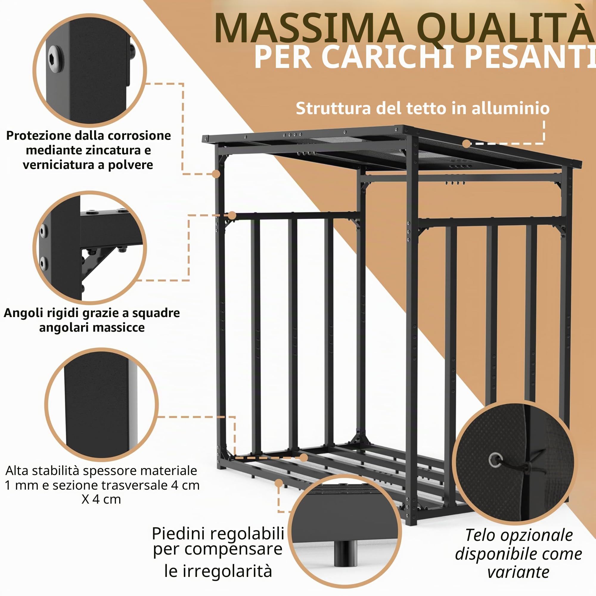LAWA portalegna da esterno metallo zincato 185x105x185 cm 4x4cm portata 3,5t con tetto rastrelliera per legna