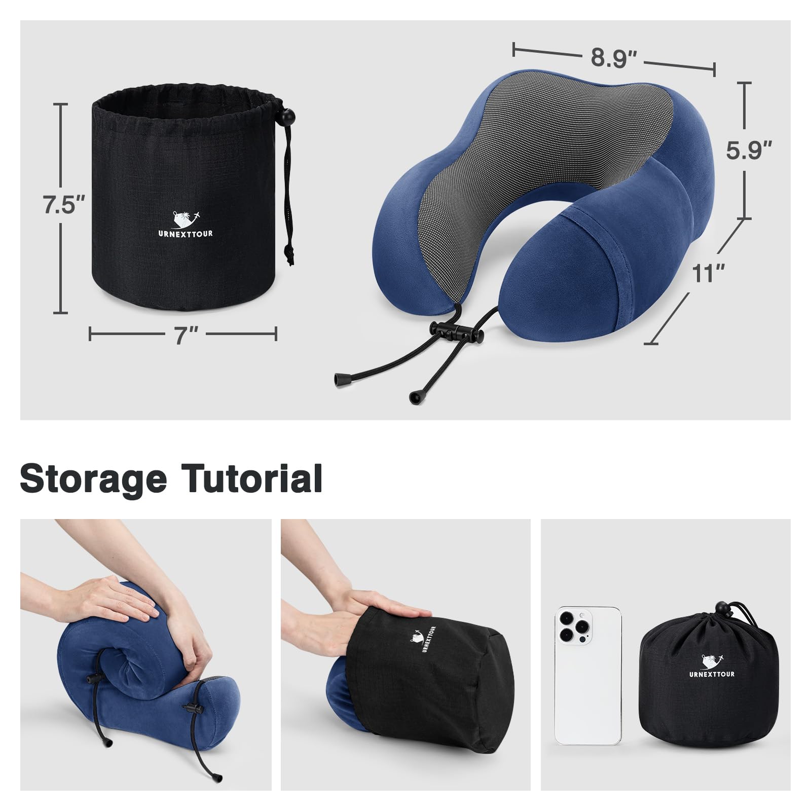 urnexttour Cuscino da viaggio per aereo, in memory foam, confezione da 3 cuscini per il collo per viaggiare con maschera per gli occhi, tappi per le orecchie e borsa portaoggetti, riposo, auto, treno