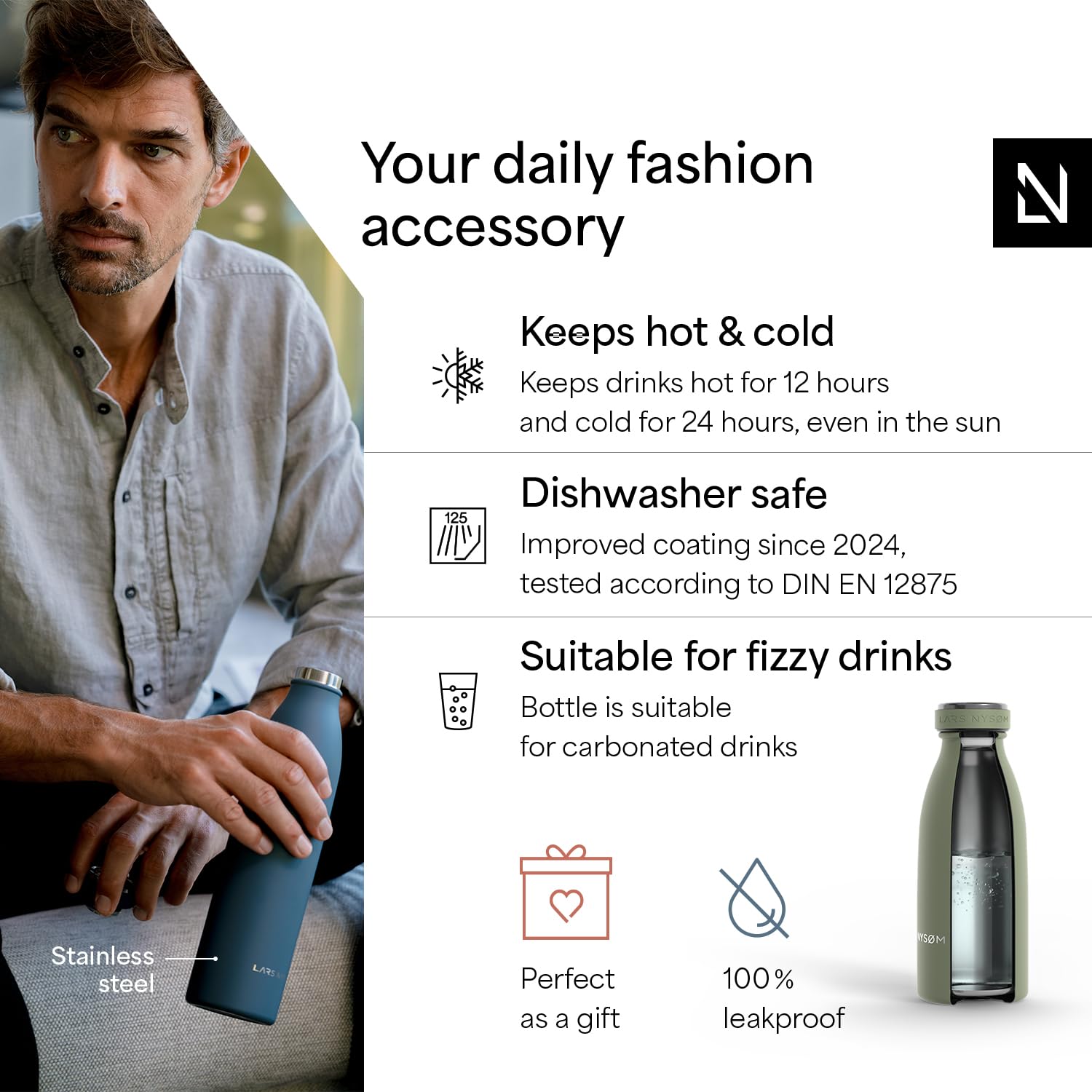 LARS NYSdiameter M Stainless Steel Insulated Water Bottle 350ml, 500ml, 750ml, 1L, 1 5 Liter, Sage Green, 350 ml - Image 2