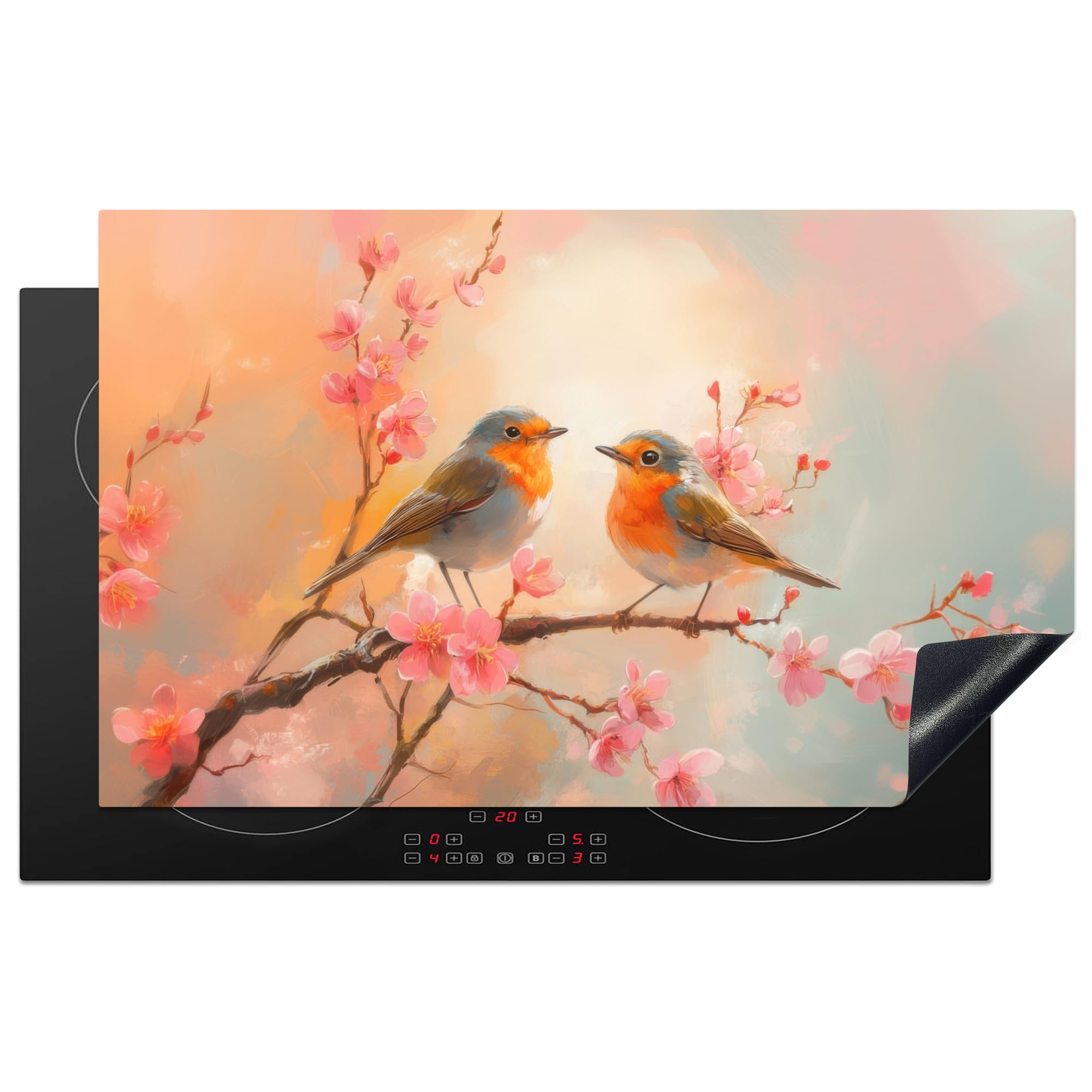 KitchenYeah© Induction Hob Protector Mat 20.5"x33.5" / 85x52 cm Cooker Top Protectors Cover Ceramic Covers Electric Hobs Vinyl Robins - Graceful - Blossom Branch