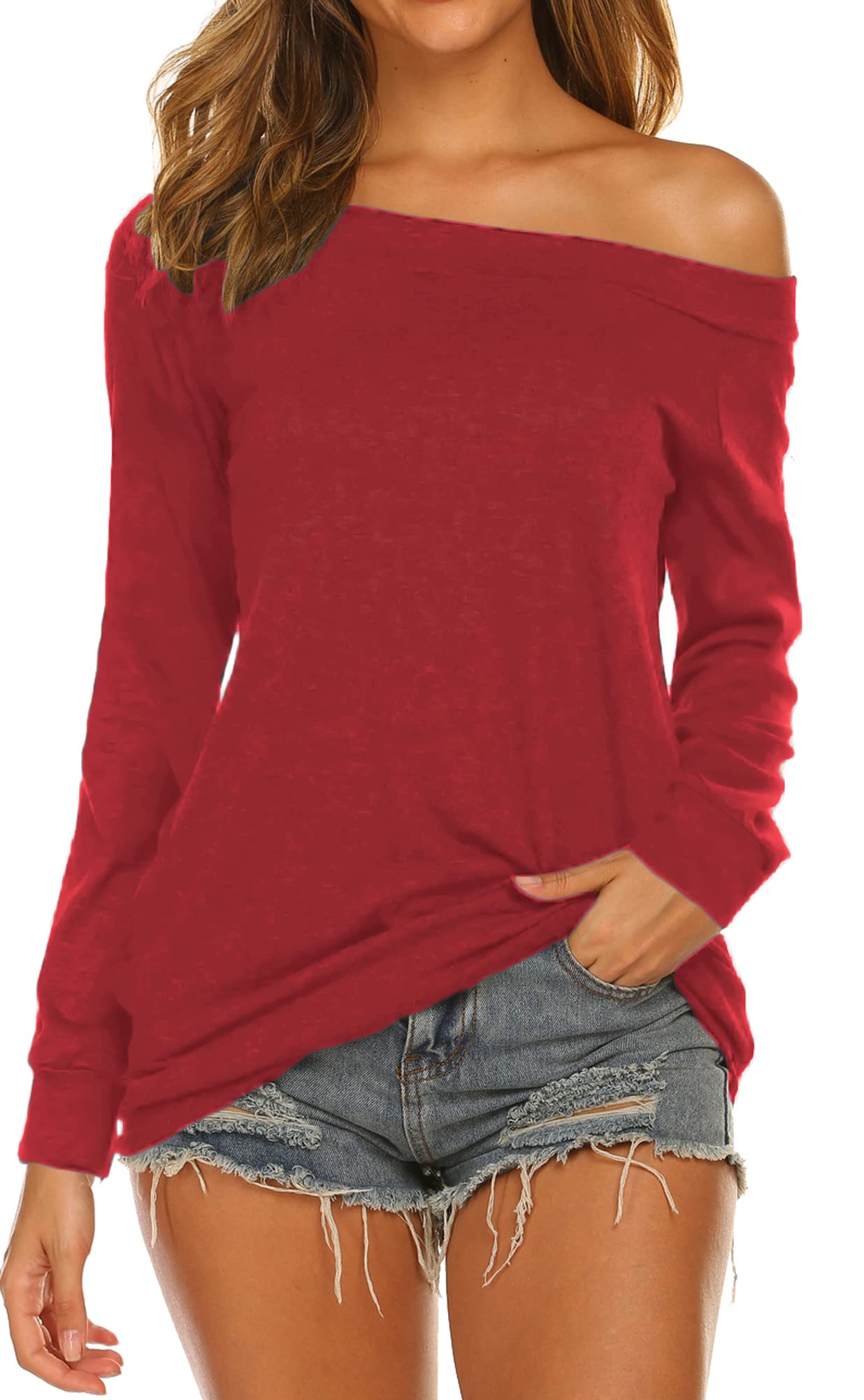 Off the Shoulder Tops for Women Sexy Red Long Sleeve Shirt Red Size L