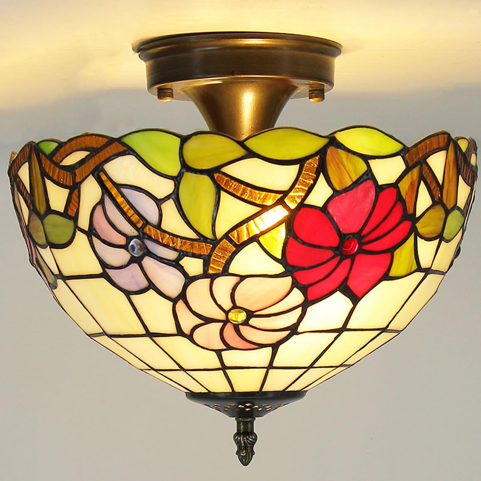WDBZTJ Tiffany Style Ceiling Light Flush Mount, 12 inch Stained Glass Ceiling Lamp, E27 Bulb, Vintage LED Chandeliers for Living Room Bedroom(F1)