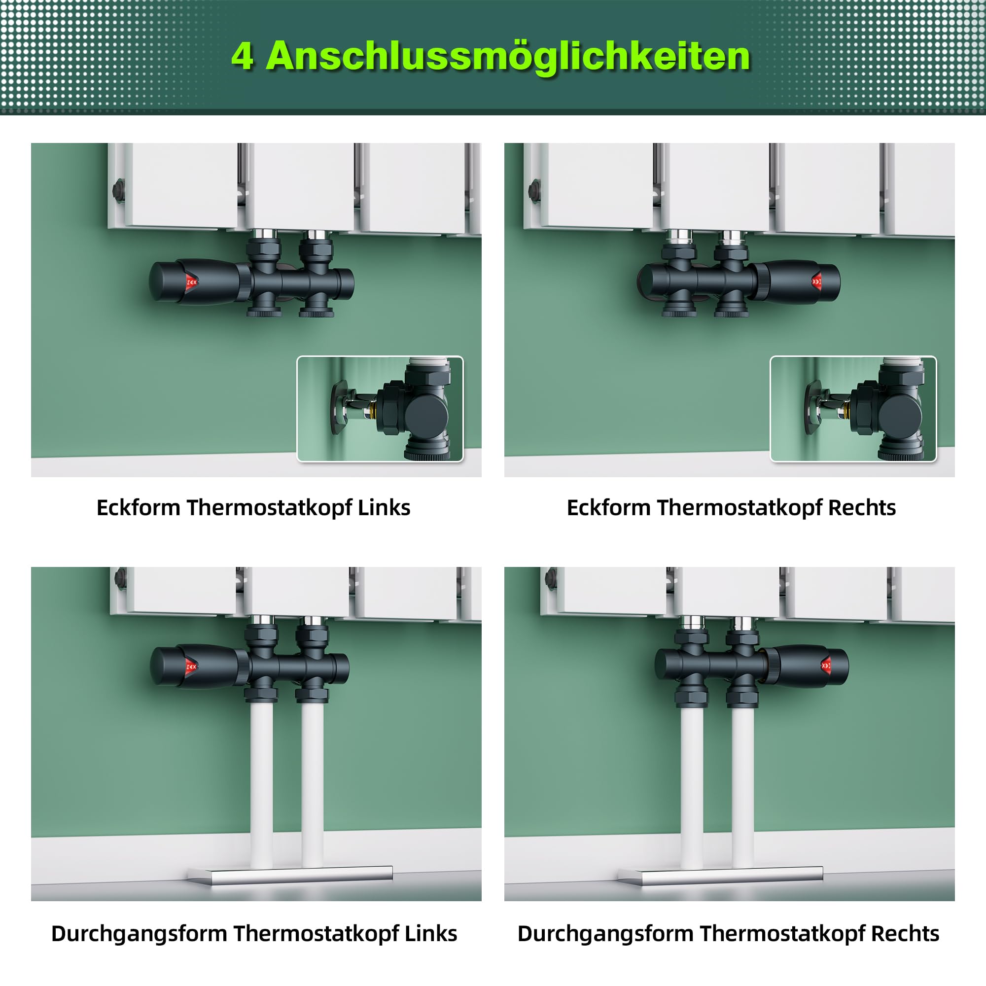 Multiblock Set für Heizkörper Anschlussarmatur mit Thermostat, Hahnblock Heizkörper Ventil Eck- und Durchgangsform 50mm, Heizkörperventil für Badheizkörper Heizungszubehör(G1/2",Anthrazit)