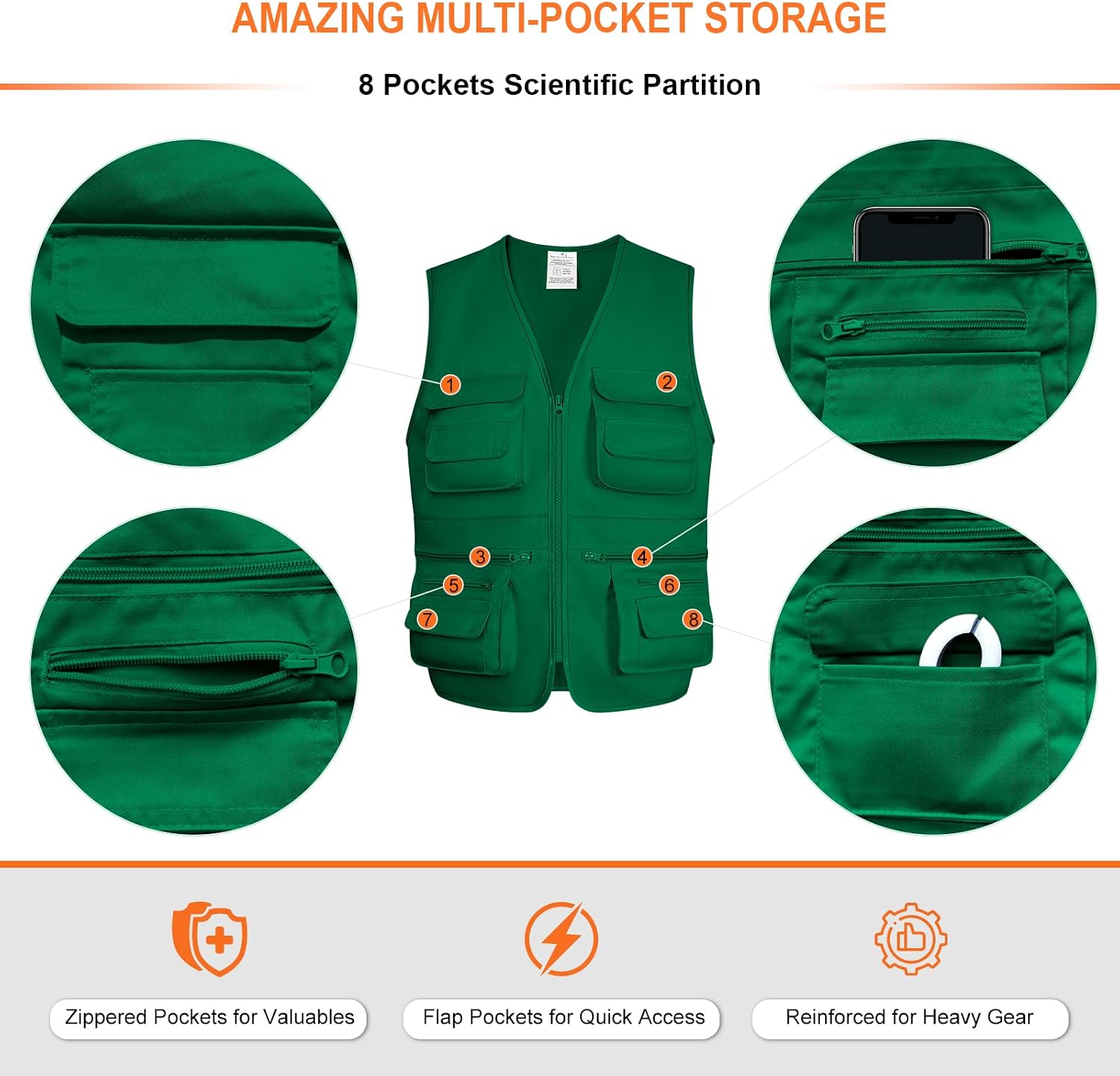 Fishing Vest for Men Outdoor, Utility Safari Cargo Vest With 8 Pockets, Lightweight, Work, Hiking, Travel