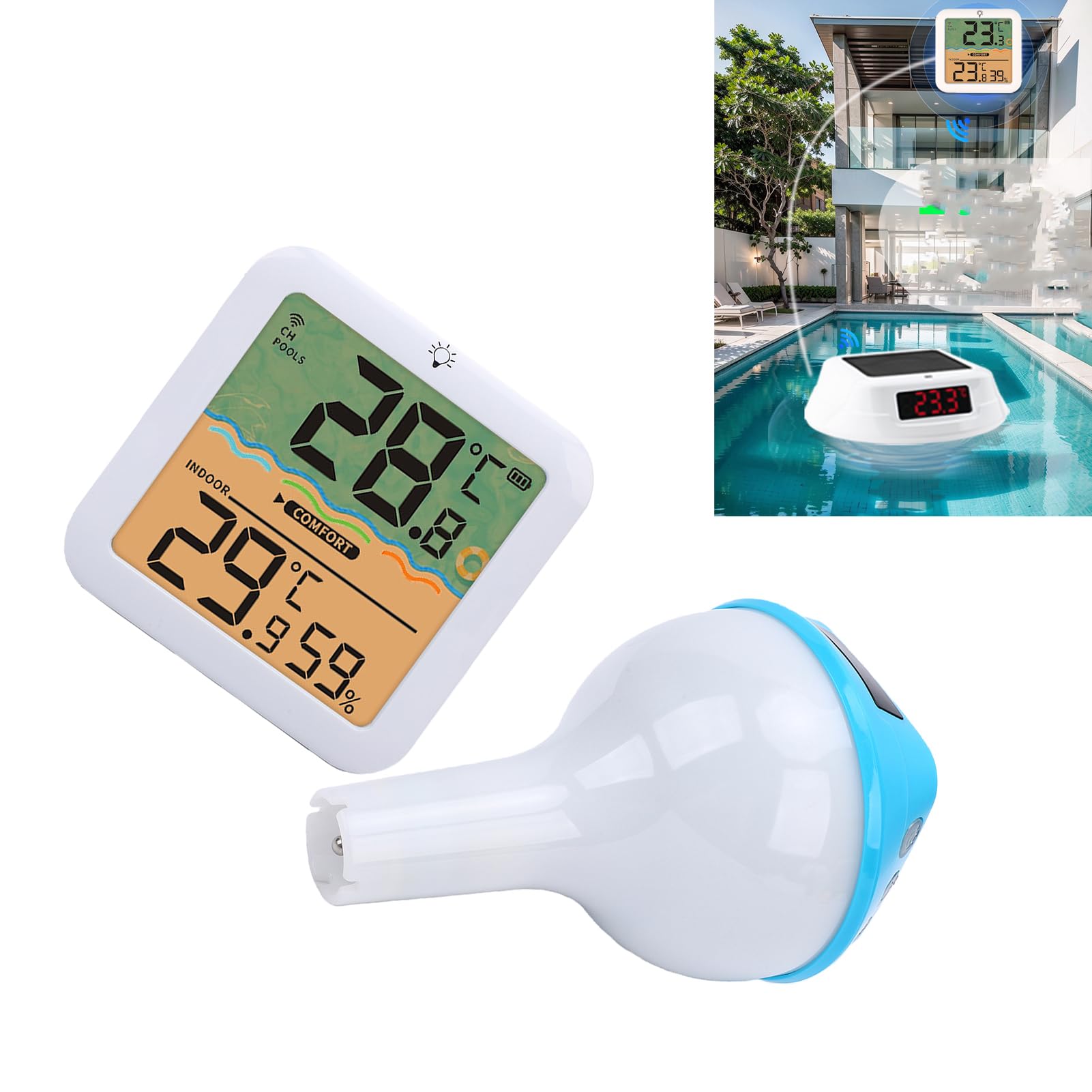 Diyeeni Termómetro Solar Digital para Piscina, Termómetro de Agua Flotante con Luz RGB con Energía Solar y Pantalla Digital Clara para Monitoreo de Humedad en Tiempo Real en Interiores y (azul marino)