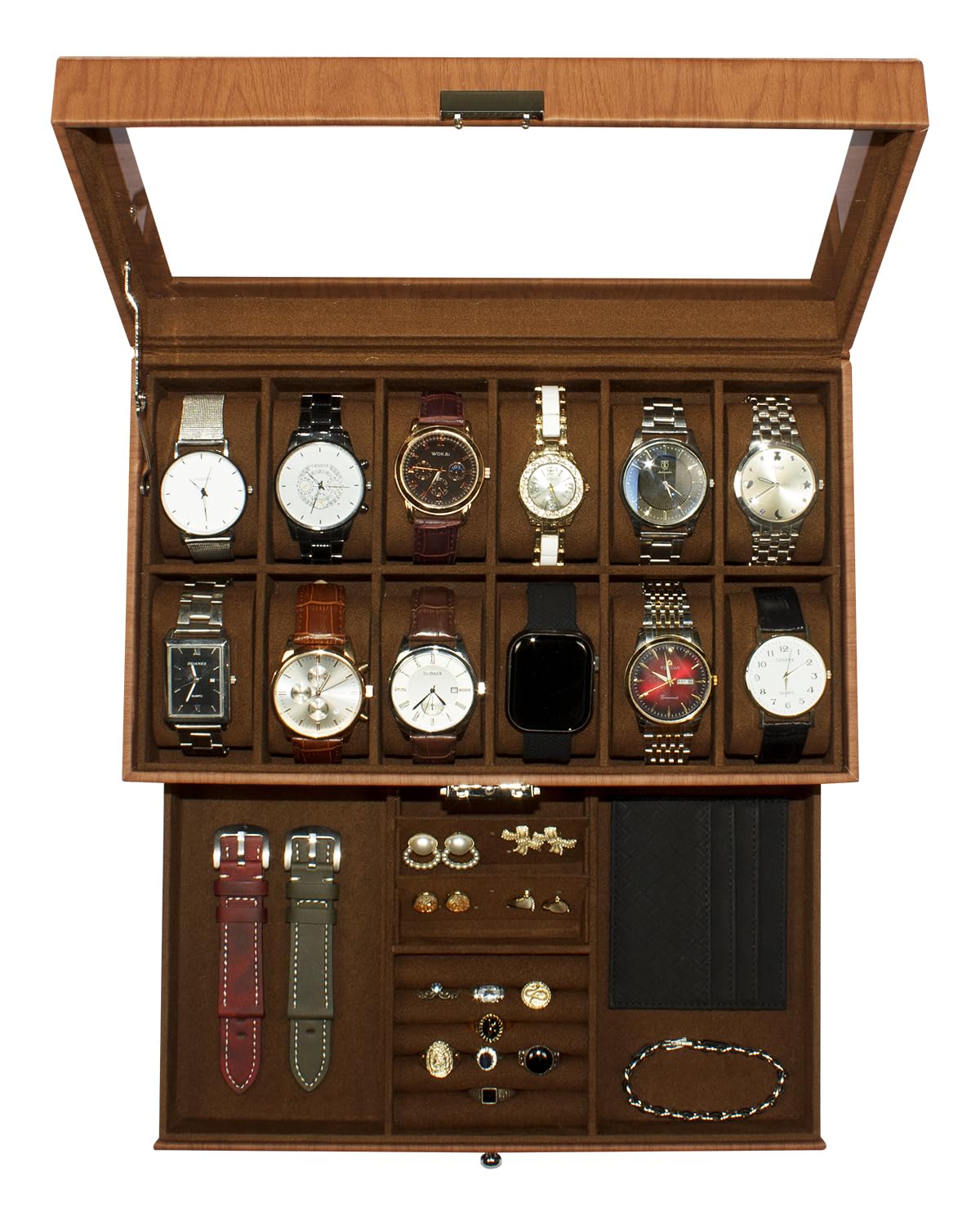 ITNXVKGES Watch Box, 12 Slot Watch case with Glass Lid, Lockable Double Watch Storage Box with 1 Wrawer for Rings, Earrings, Gift Idea