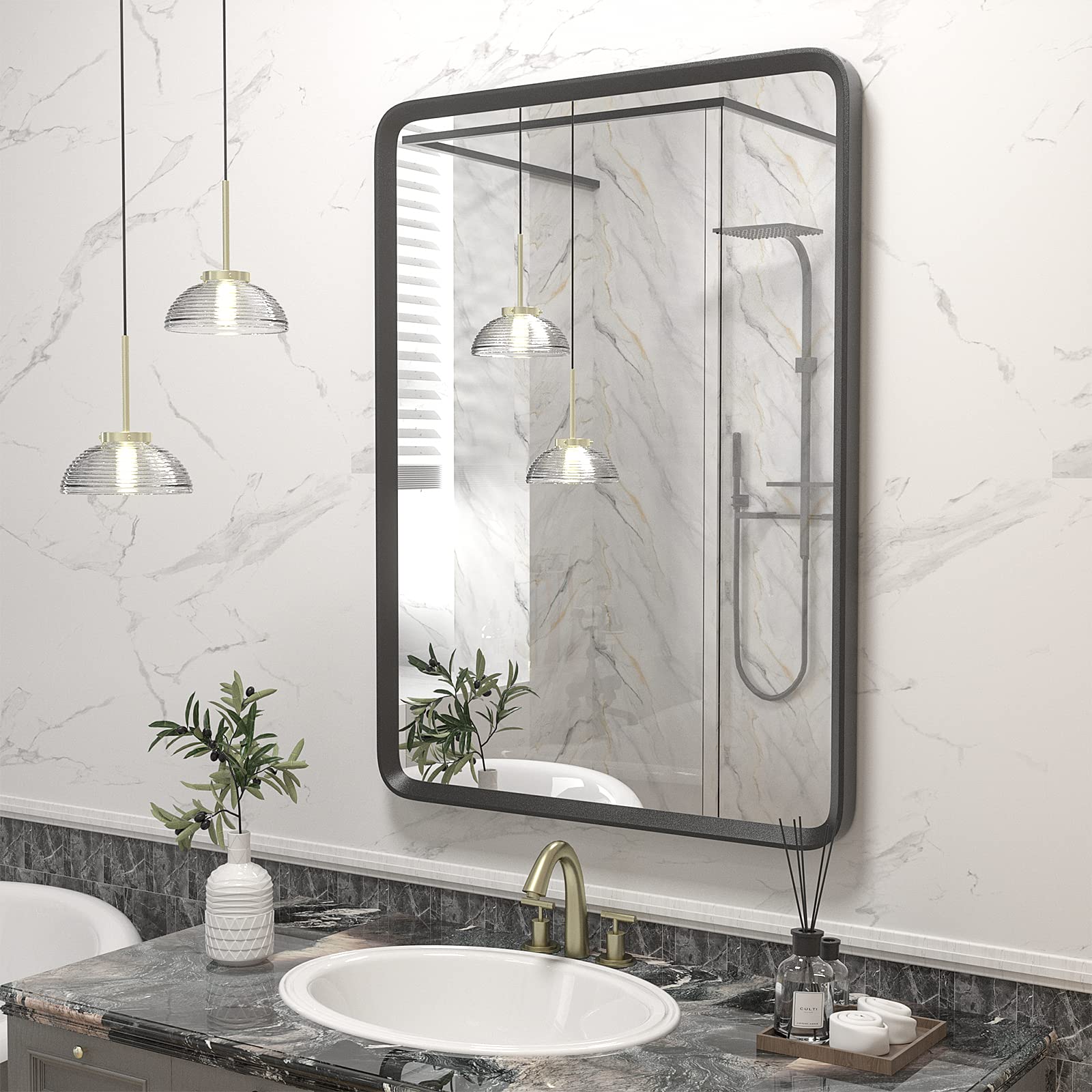 GOLOMO 22x30 Inch Black Matte Framed Mirror for Bathroom, Rounded Rectangle Mirror, Bathroom Vanity Mirror for Wall, Anti-Rust, Shatterproof (Horizontal/Vertical)