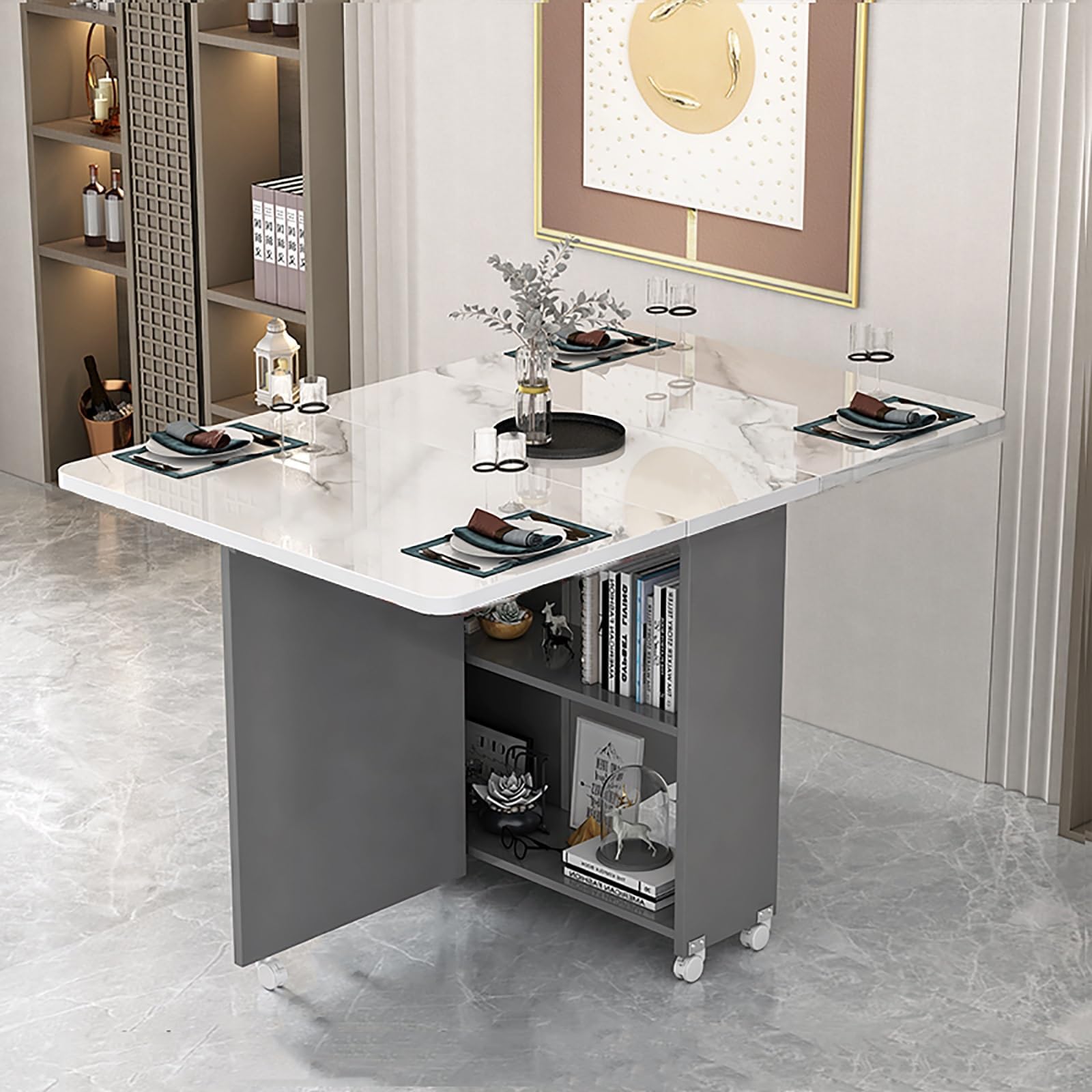Table pliante pour petit espace résolvant le manque de place grâce aux roulettes et étagères