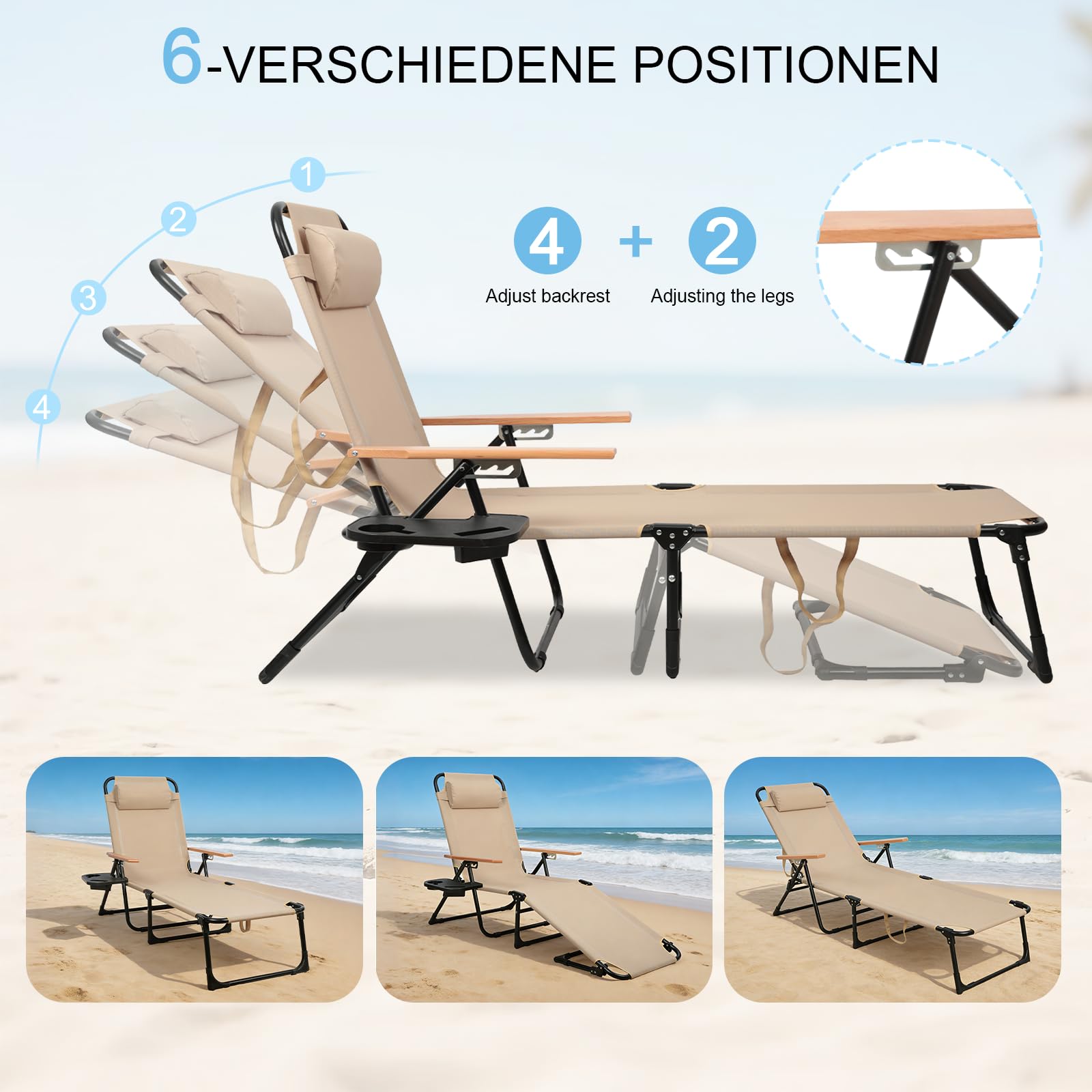 Strandliege Klappbar Leicht, Gartenliege Wetterfest ,Sonnenliege mit Rstellbarer Rückenlehne, Nackenkissen und Getränkehalter, Liegestuhl Für Balkon, Garten, Pool und Strand (Beige mit Baldachin)