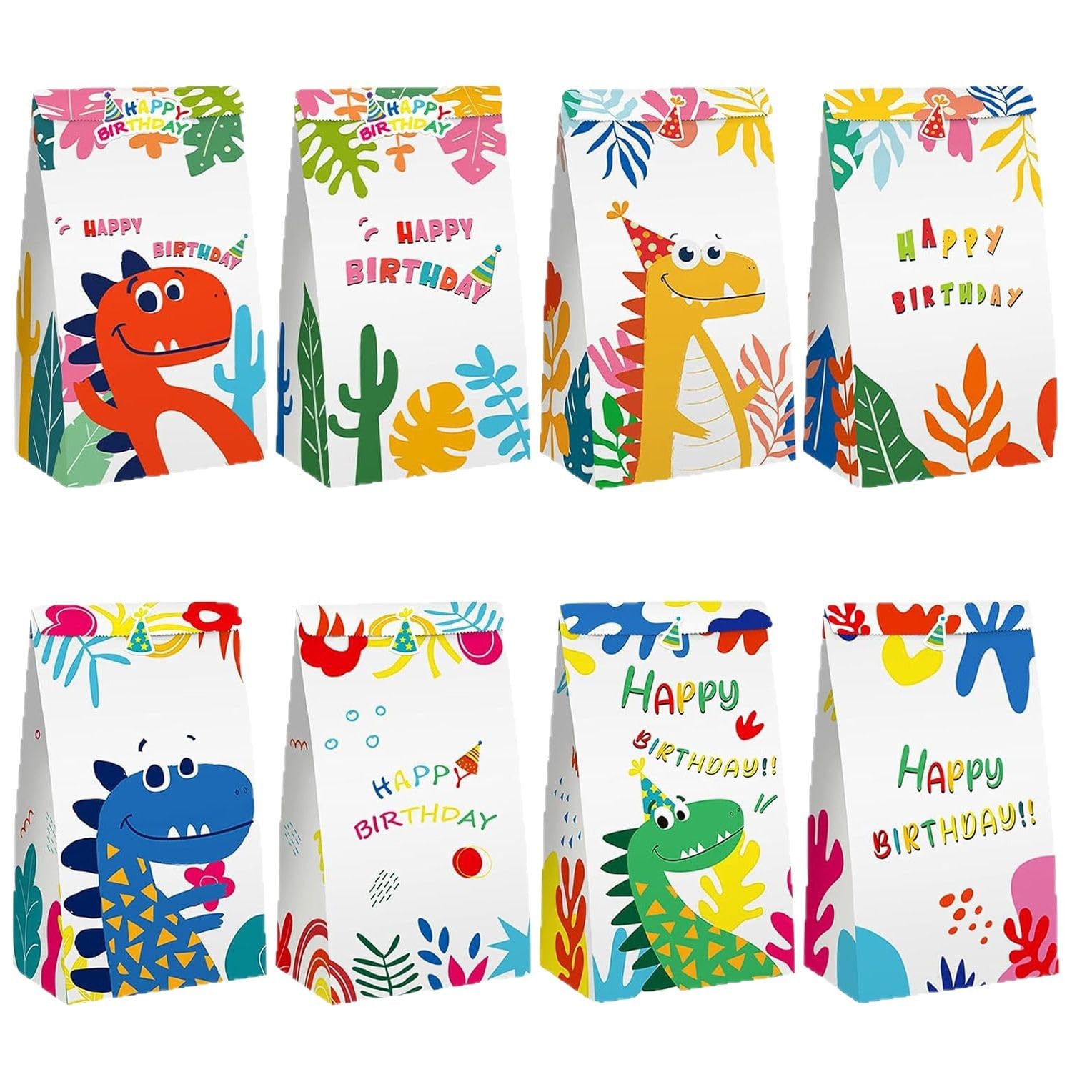 24 Pack Dinosaur Party Bags，4 Assorted Colours Kraft Paper Gift Bags With a Happy Birthday sticker，Kids Birthday Goodie Treat Loot Bags for Boys Girls Cute Dino Party Favours Supplies