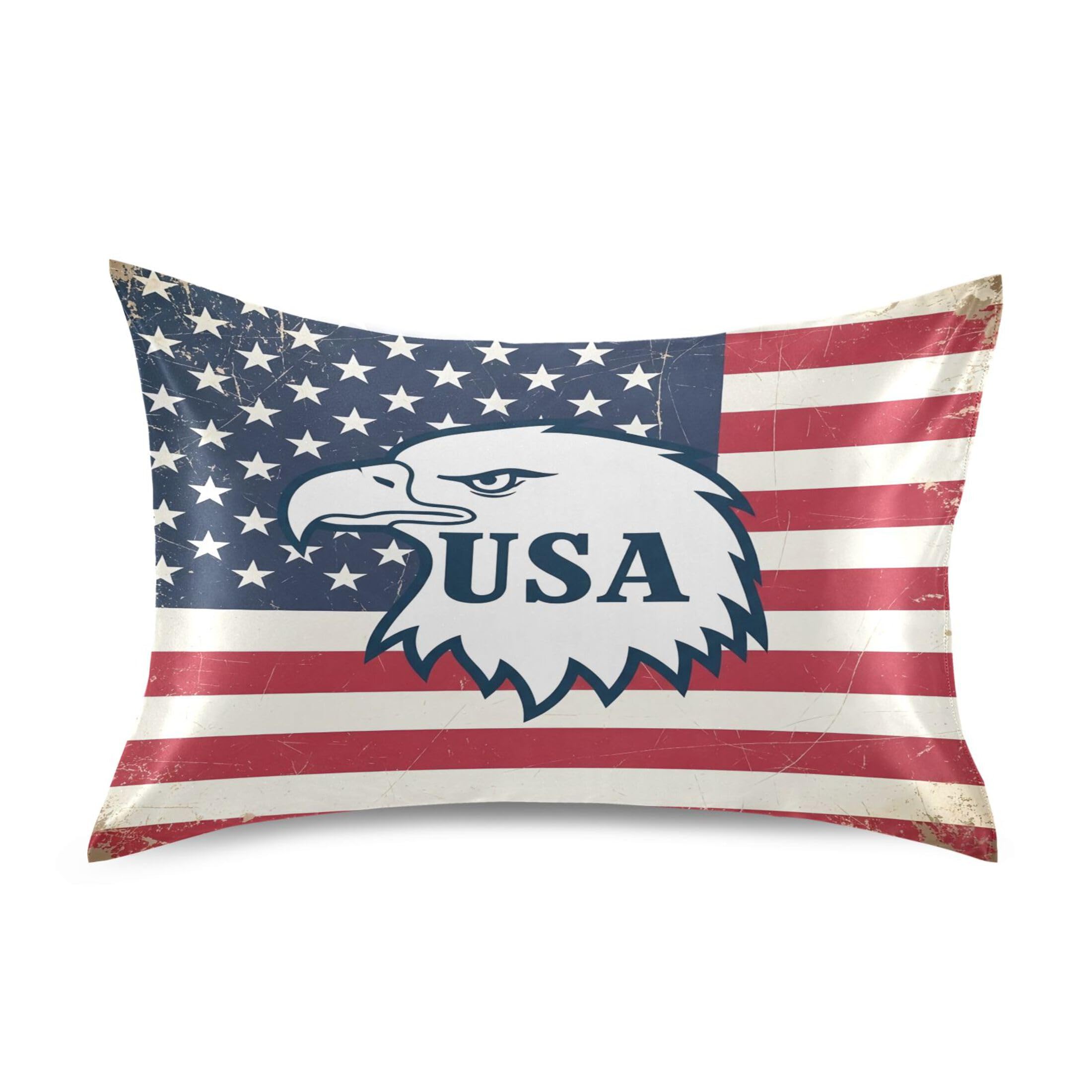 Fuauuyl Pillowcase Queen Size 20x30 in, American Flag Soft Breathable Satin Pillow Case for Hair and Skin with Envelope Closure Wrinkle-Free