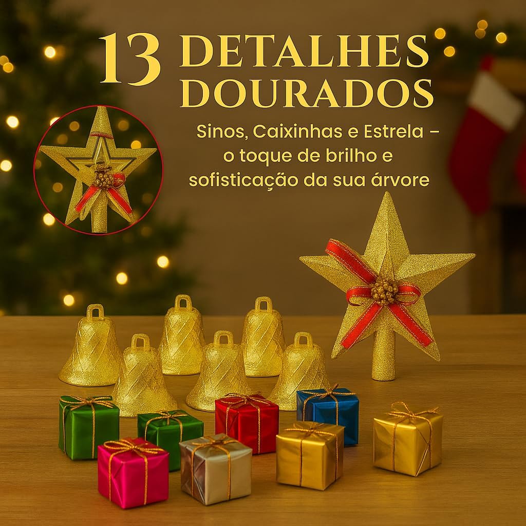 Kit Enfeites de Natal 137 Peças com Bolas Douradas, Vermelhas e Prata + Laços, Bengalas, Caixinhas, Papai Noel, Estrela Ponteira e Pisca LED Colorido - Enfeite Arvore de Natal