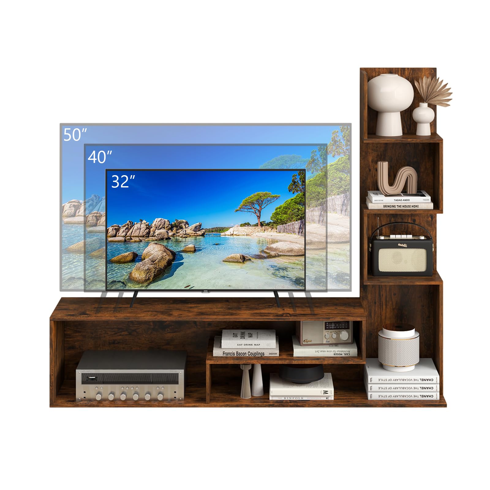 KOMFOTTEU Mobile TV Soggiorno con Mensole a Forma di L e Scomparti Aperti, Mobiletto Multifunzione per Televisione fino a 50”, Mobile Porta TV e Libri in Legno per Camera da Letto, Ingresso (Marrone)