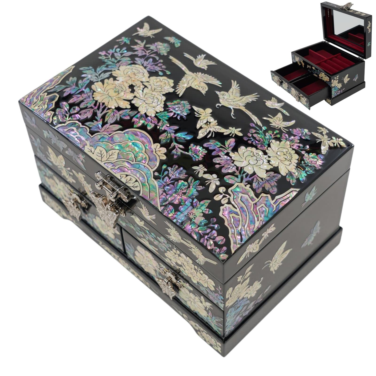 February Mountain Korean Mother of Pearl Jewelry Box – 2-Drawer Keepsake Box with Mirror, Traditional Oriental Trinket Organizer – Gift for Women, Mom, Wife, Anniversary (Floral Peony - Black)