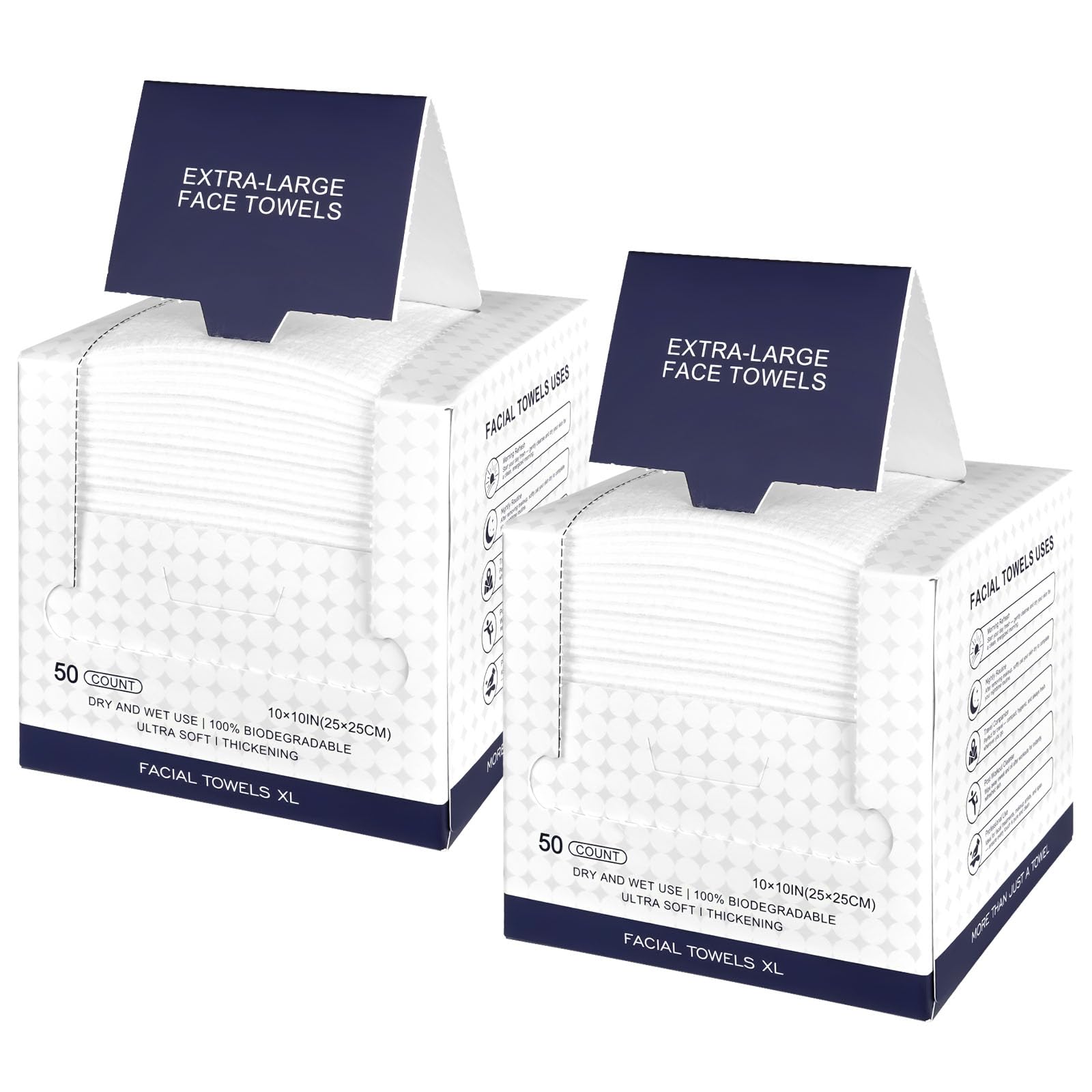 KODAMO Toallas desechables para la cara, paquete de 2 (100 unidades) – Paños desmaquillantes biodegradables ultra suaves y gruesos – Paños de limpieza facial sin pelusa en caja de papel
