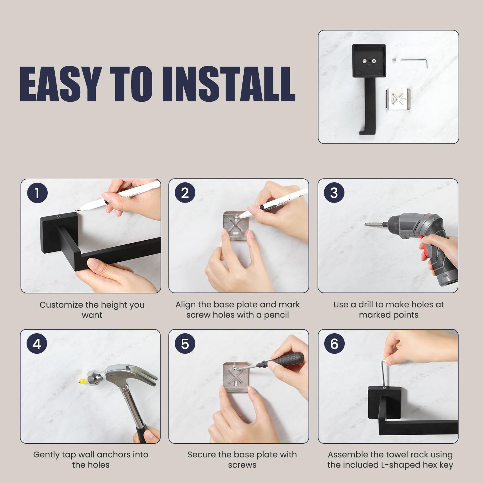 Juego de accesorios de baño: juego de 12 toallas de baño, toalleros para montaje en pared, acero inoxidable SUS304, negro mate