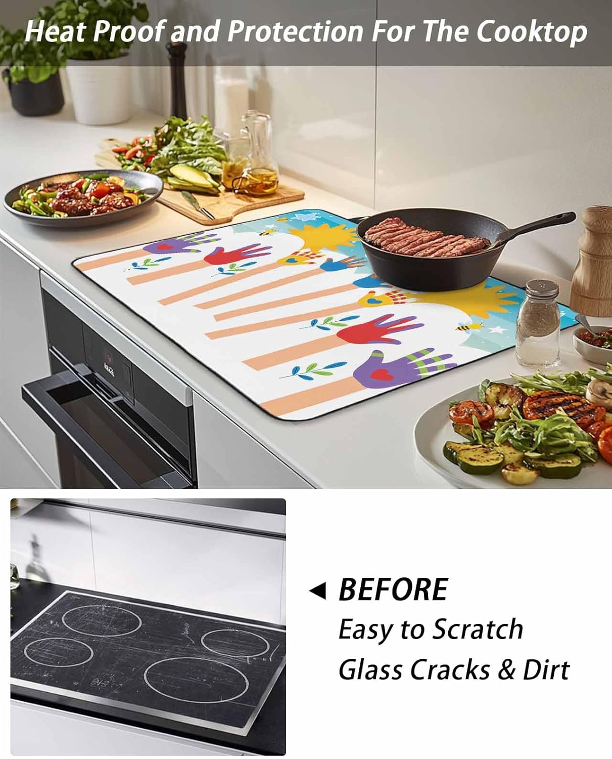 Colorful Love Heart Hand Stove Top Cover for Electric Stove, Rainbow Sky Cartoon Kids Hands Heat-proof & Non Slip Glass Top Stove Cover Protector, Kitchen Flat Cooktop Rubber Mat 36x21 Inches
