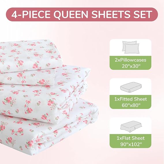 MUXHOMO Queen Size 4 Piece Sheet Set Blossoms Pink Cooling, Wrinkle-Free & 7 Pieces Queen Comforter Set, Reversible Bed in a Bag Queen Size, All Season Bedding Set with Comforter