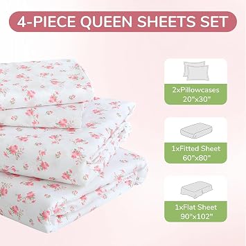 MUXHOMO Queen Size 4 Piece Sheet Set Blossoms Pink Cooling, Wrinkle-Free & 7 Pieces Queen Comforter Set, Reversible Bed in a Bag Queen Size, All Season Bedding Set with Comforter