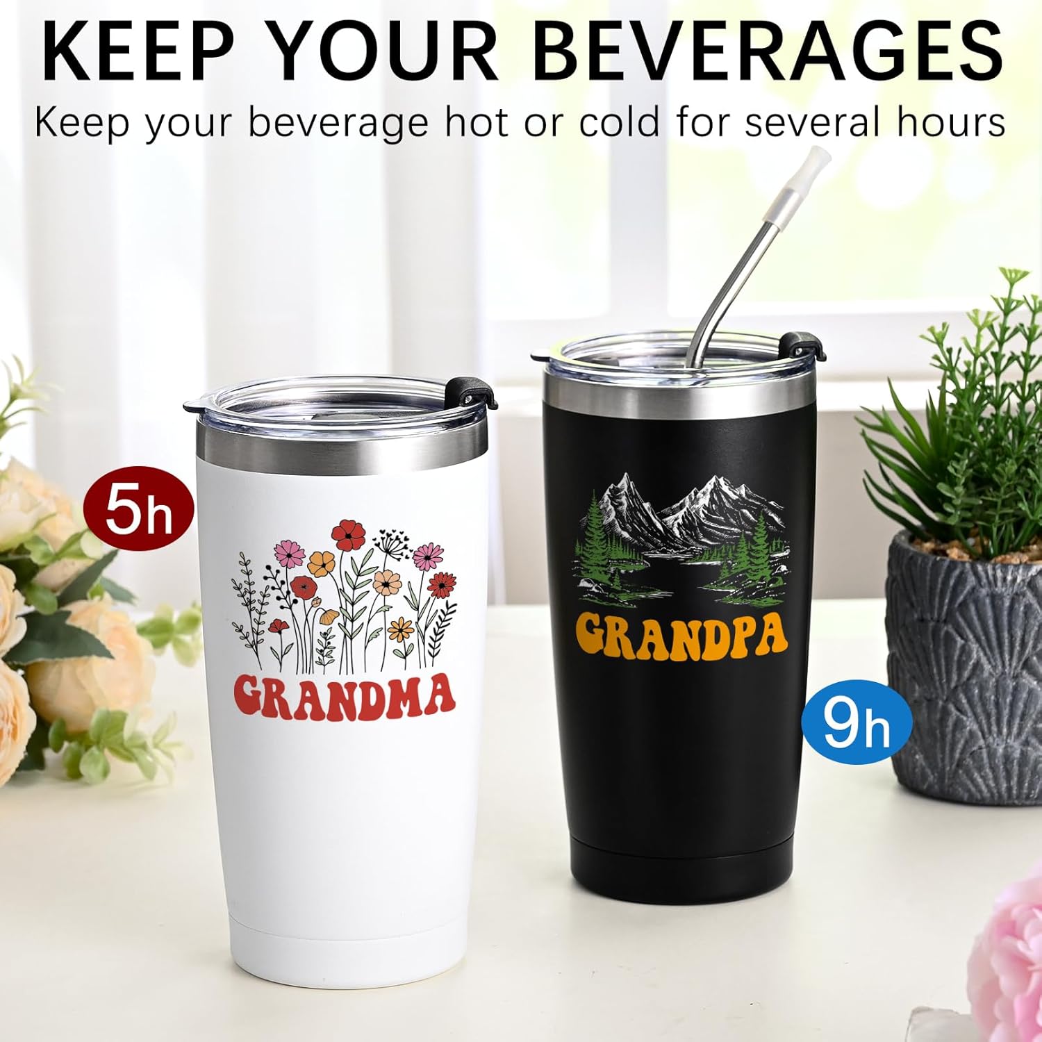 Qtencas Grandma and Grandpa Gifts, Grandparents Christmas Gifts, Grandpa and Grandma insulated Travel Tumbler Set, Gift for Grandparents on Christmas Birthday Anniversary, 20 Oz Black & White - Image 3