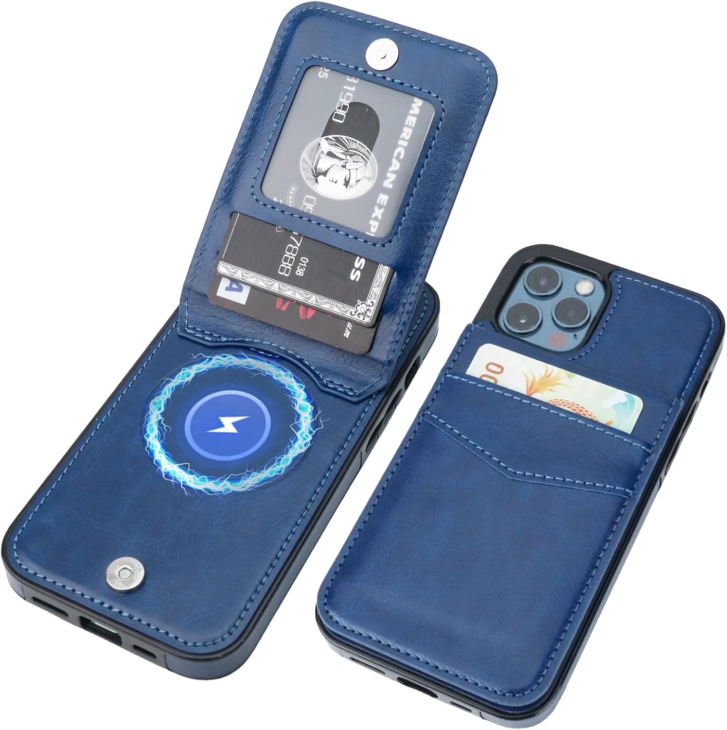KIHUWEY for iPhone 12 Case Wallet Compatible with MagSafe Wireless Charging, Credit Card Holder, RFID Flip Leather Magnetic Clasp Kickstand Heavy Duty Protective Cover 6.1 Inch (Blue)