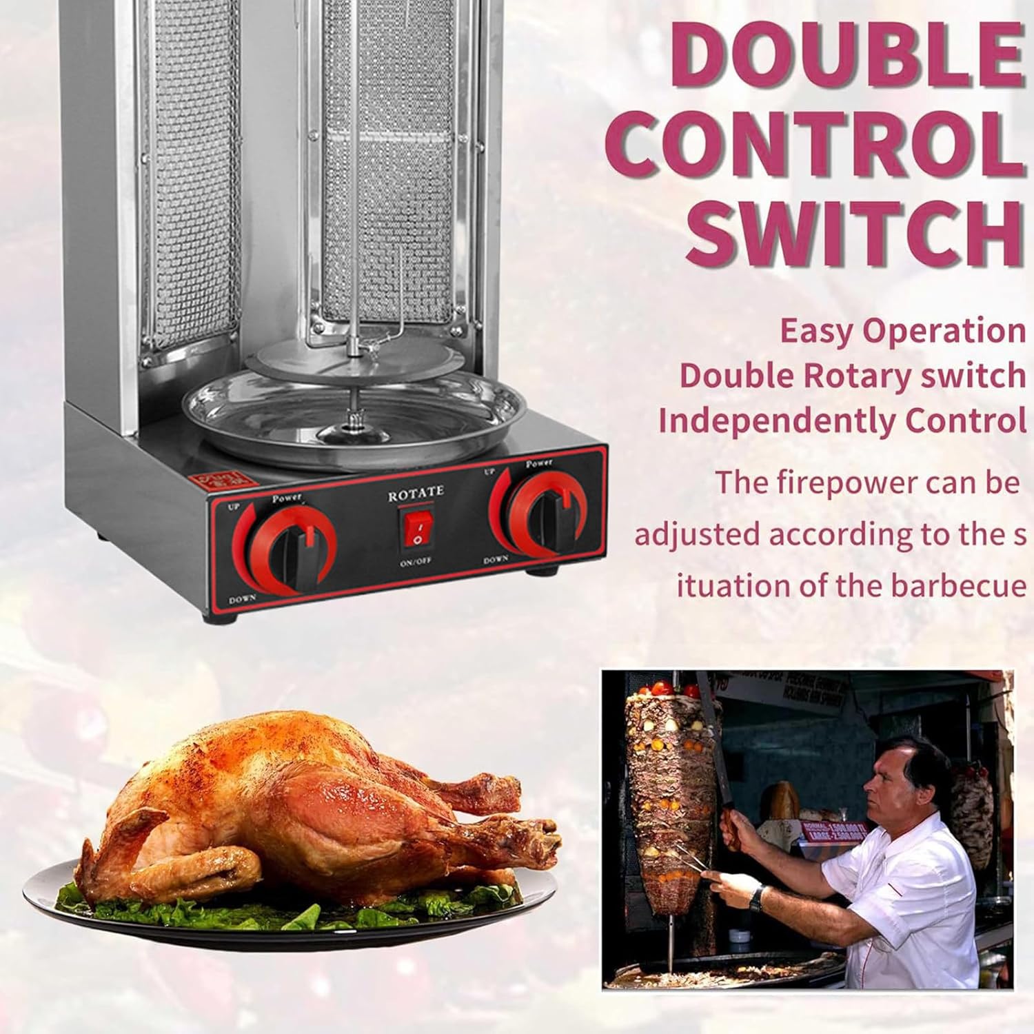 Professional Commercial Doner Kebab Machine,Automatic Rotation Vertical Broiler,Stainless Steel LPG Roasters Barbecue,Meat Catcher for Restaurant Dinner Home Kitchen Garden,Gas