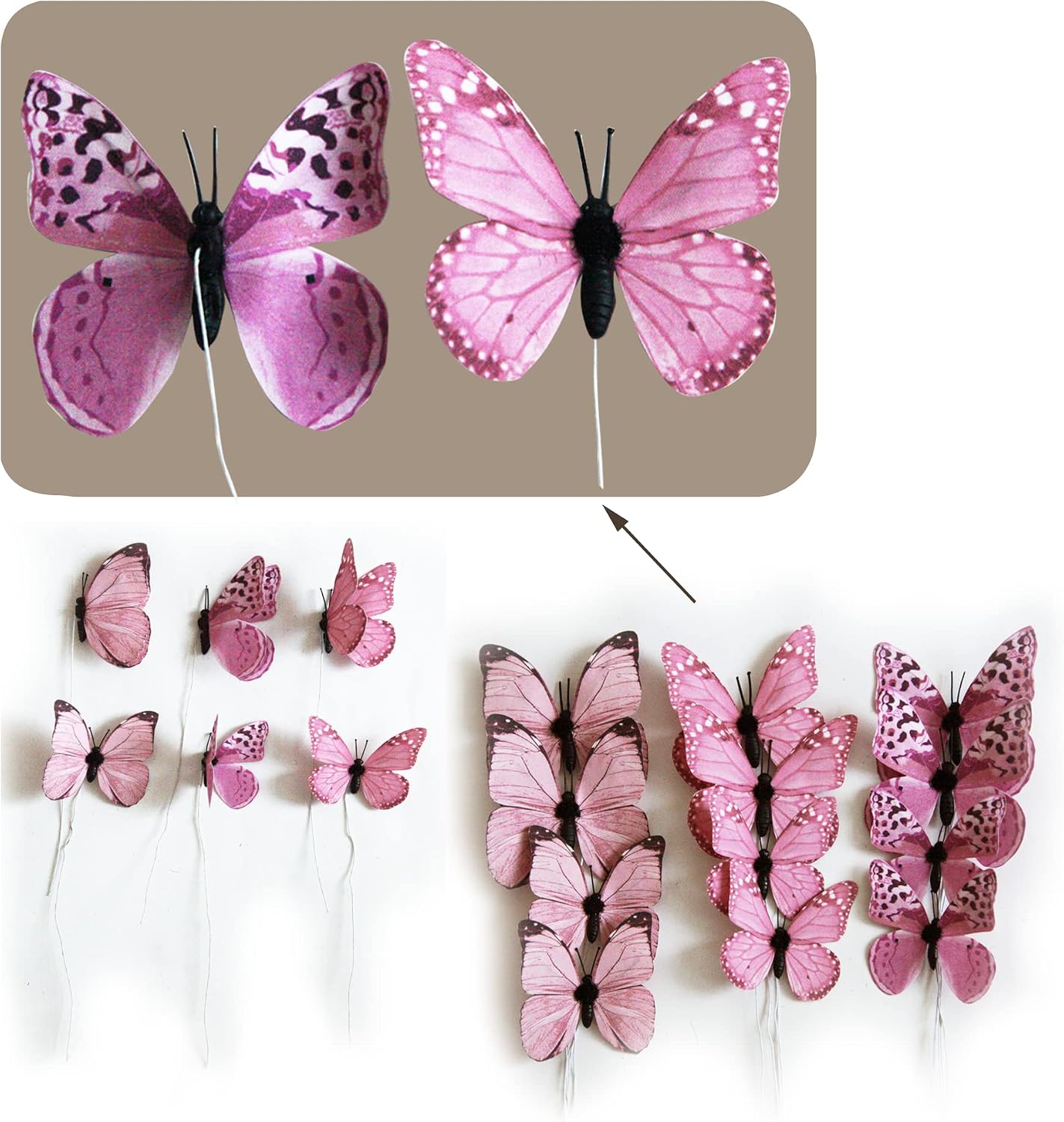 12 Pack Butterfly Decorations, DIY 3D Butterfly Stakes Decor, 2 Sizes of Butterfly Ornament for Home Fake Flower Floral Supplies Tea Party Wedding Easter Christmas Spring Fall. (Light rose red 1)