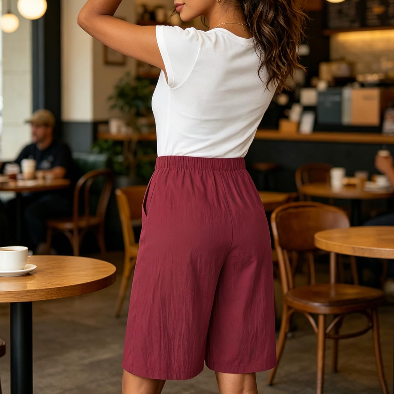 Gonna-Pantalone da Donna Casual con Vita Elastica e Design a Portafoglio – Shorts Estivi con Tasche, Leggeri, al Ginocchio, a Vita Alta e vestibilità Morbida