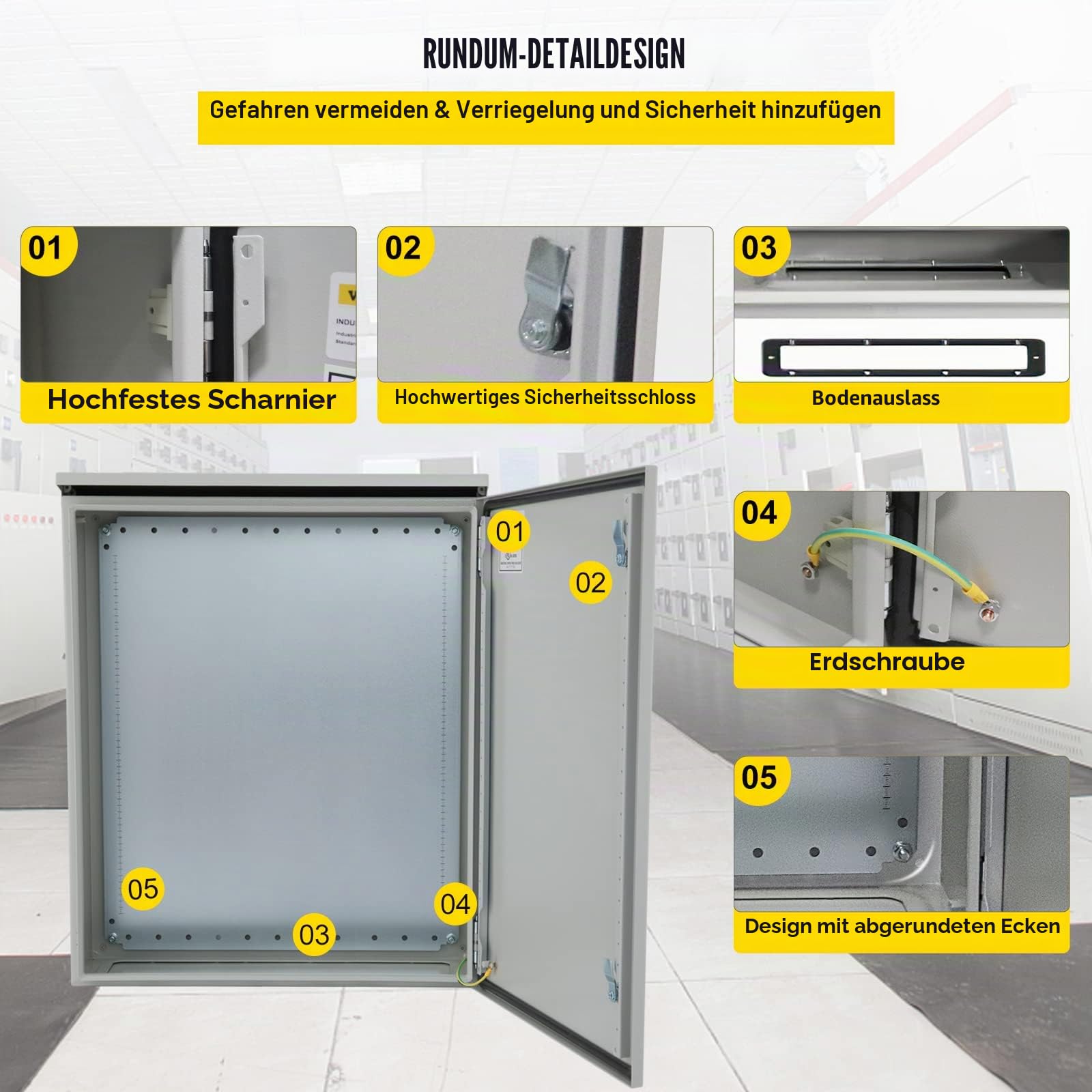 VEVOR Schaltschrank Elektrogehäuse, 600x600x200 mm, NEMA 4 Außengehäuse, IP66 wasser- & staubdicht, Kohlenstoffstahl, Klappanschlussdose für Innen- & Außenbereich, mit Regenschutzhaube
