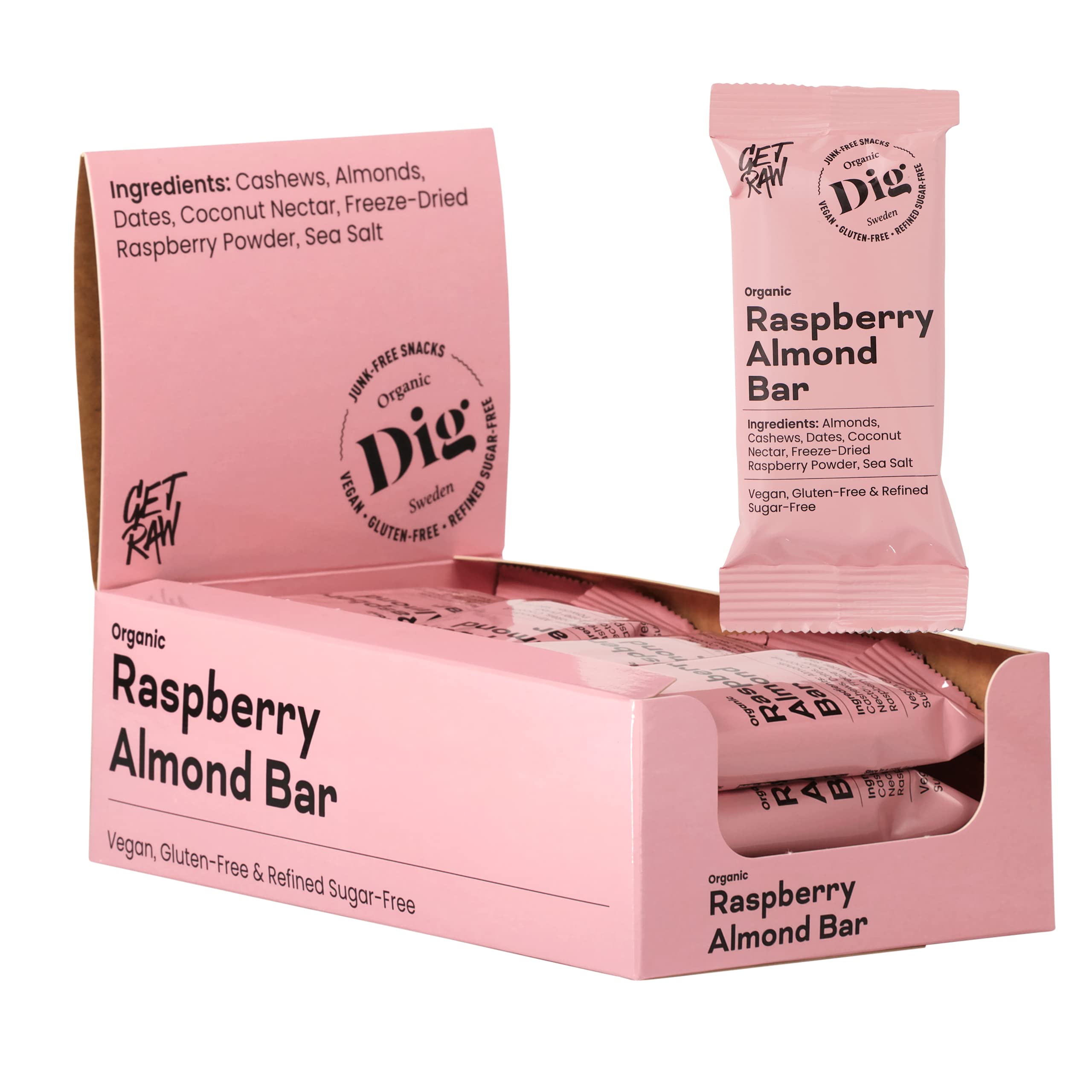 Dig/Get Raw - Bio-Riegel Himbeer-Mandel - Snacks aus natürlichen Bio-Zutaten - Vegan, glutenfrei und frei von Raffinadezucker (12x42g)