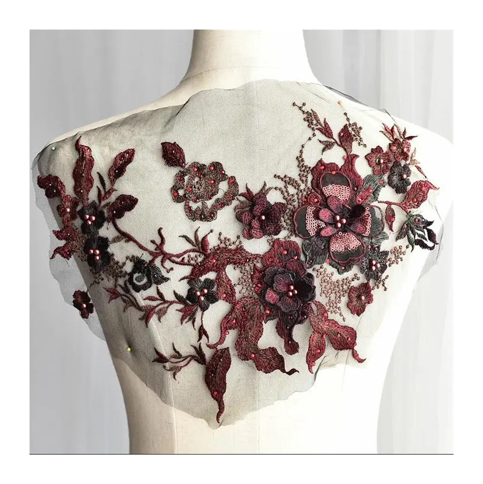 Dentelle 3D relief bordeaux noir et tissu brodé pour accessoire DIY