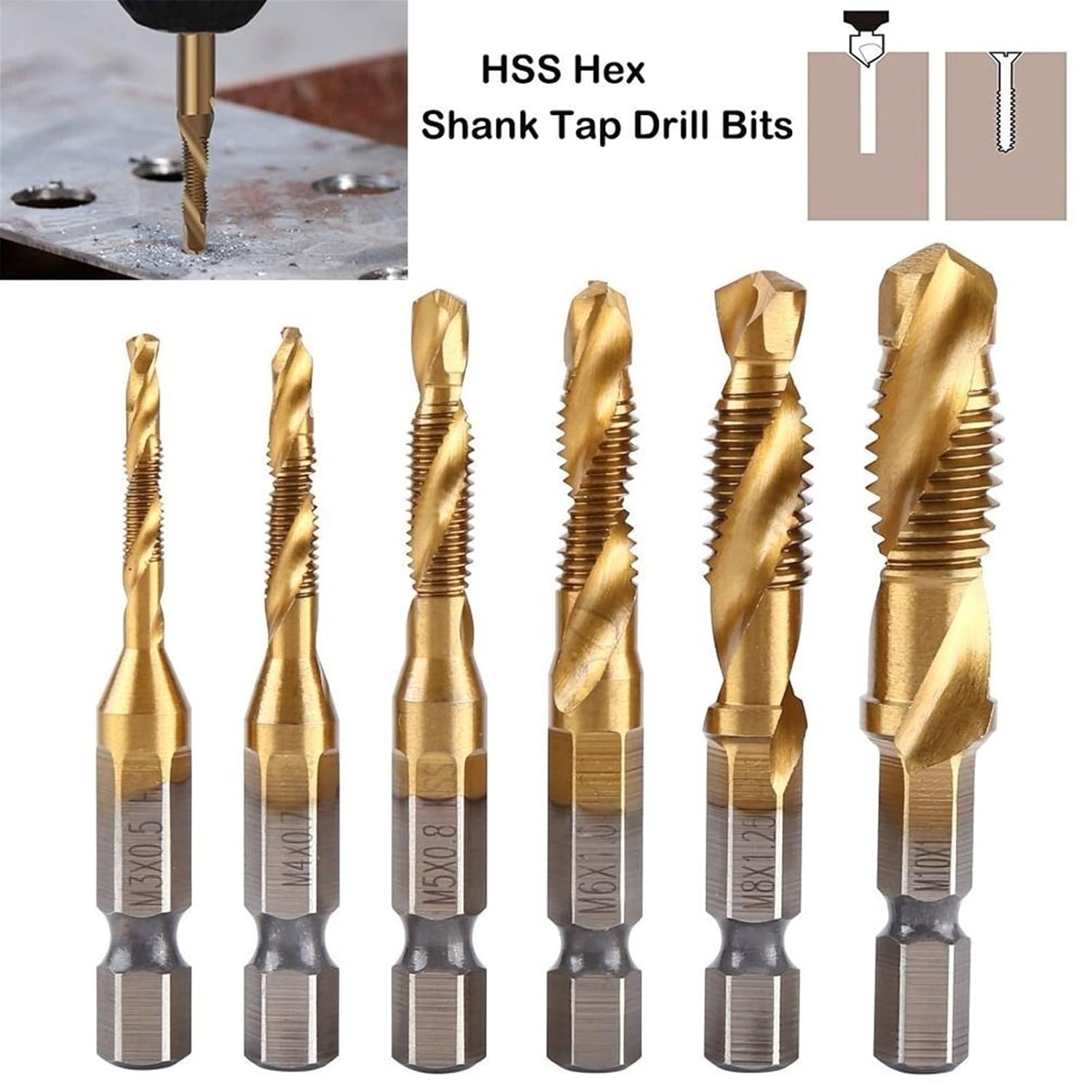6pcs Drilling Tools HSS Tap Drill Bits Screw Machine titaniums Plated Hex Shank Shank Tap Drill Bits Tap Drill Bit(Gold) TYSTABPC