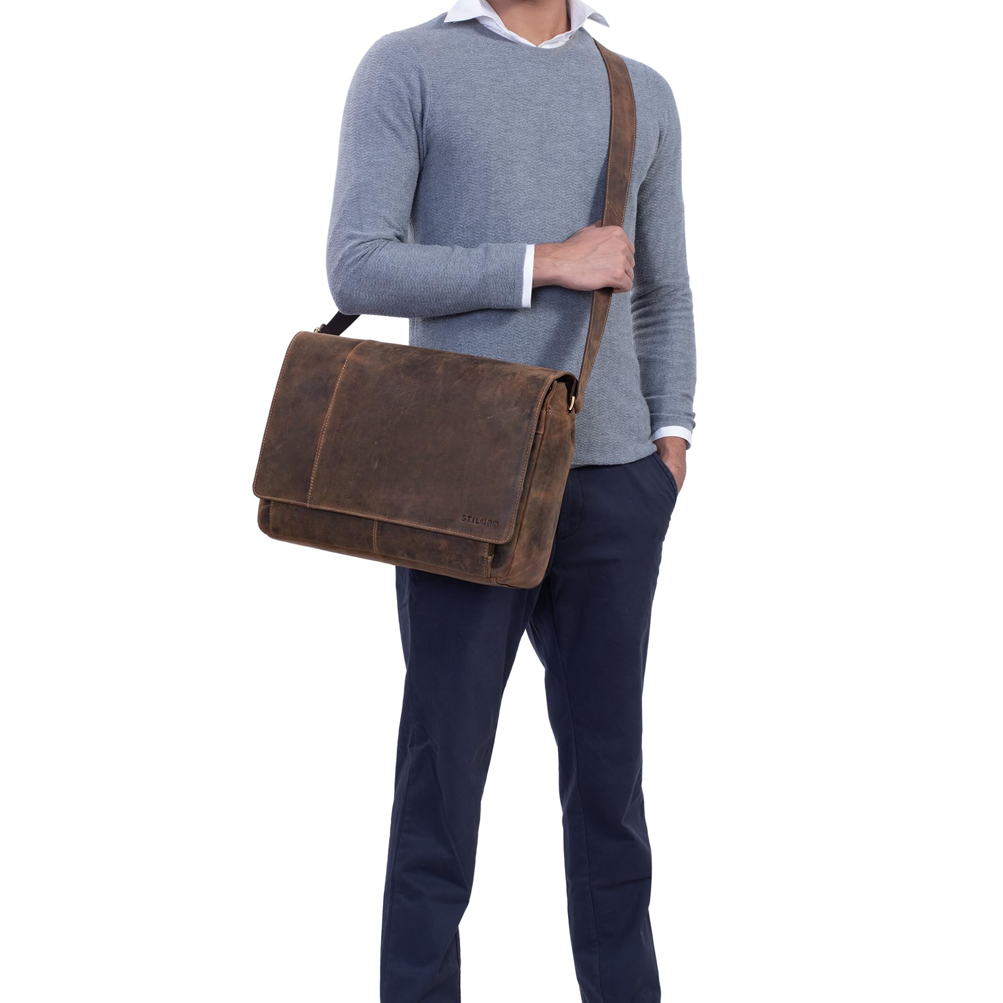 STILORD Vintage Umhängetasche Leder groß für Herren Damen 15.6 Zoll Laptoptasche Unitasche Bürotasche Moderne Aktentasche aus echtem Büffelleder