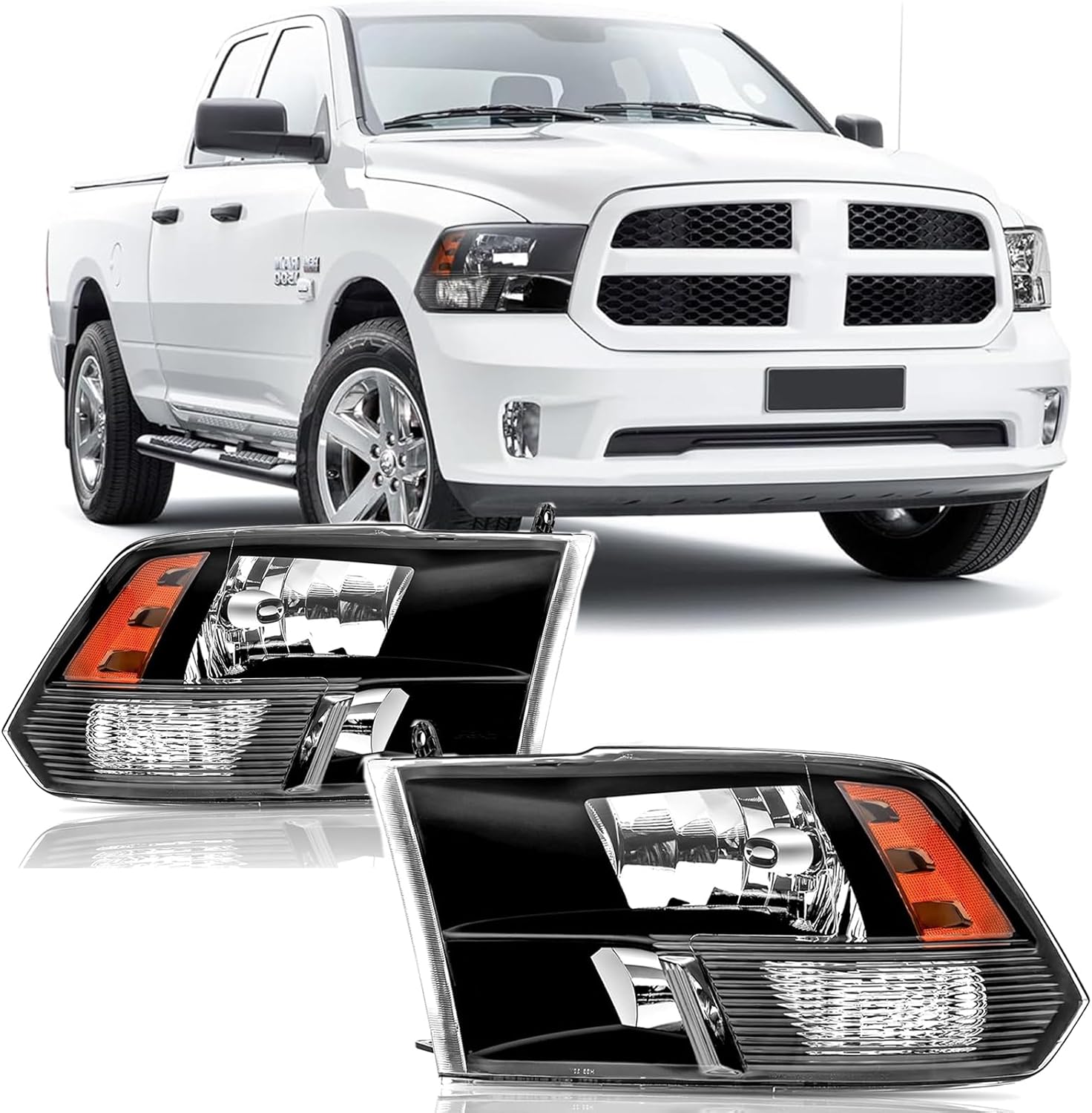 APSVE Headlights Assembly compatible with 2009-2018 Dodge Ram 1500,2010-2018 Ram 2500 3500 Halogen Head light Headlamp Replacement, Black Housing Amber Corner Dual Beam Model Black Housing Amber Side