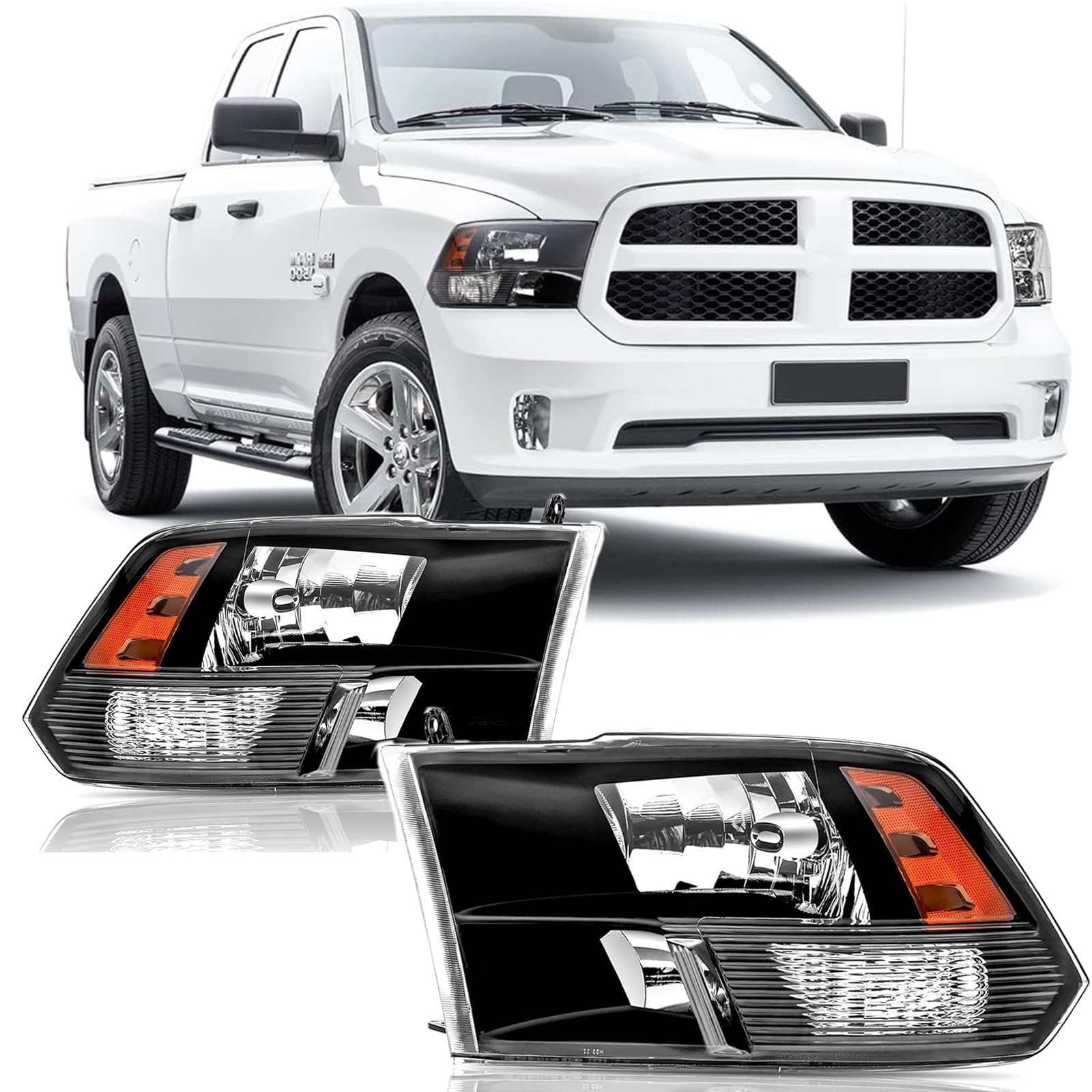 APSVE Headlight Assembly for 2009-2018 Dodge Ram 1500,2010-2018 Ram 2500 3500 Headlights Headlamp Driver & Passenger Side, Black Housing Amber Corner