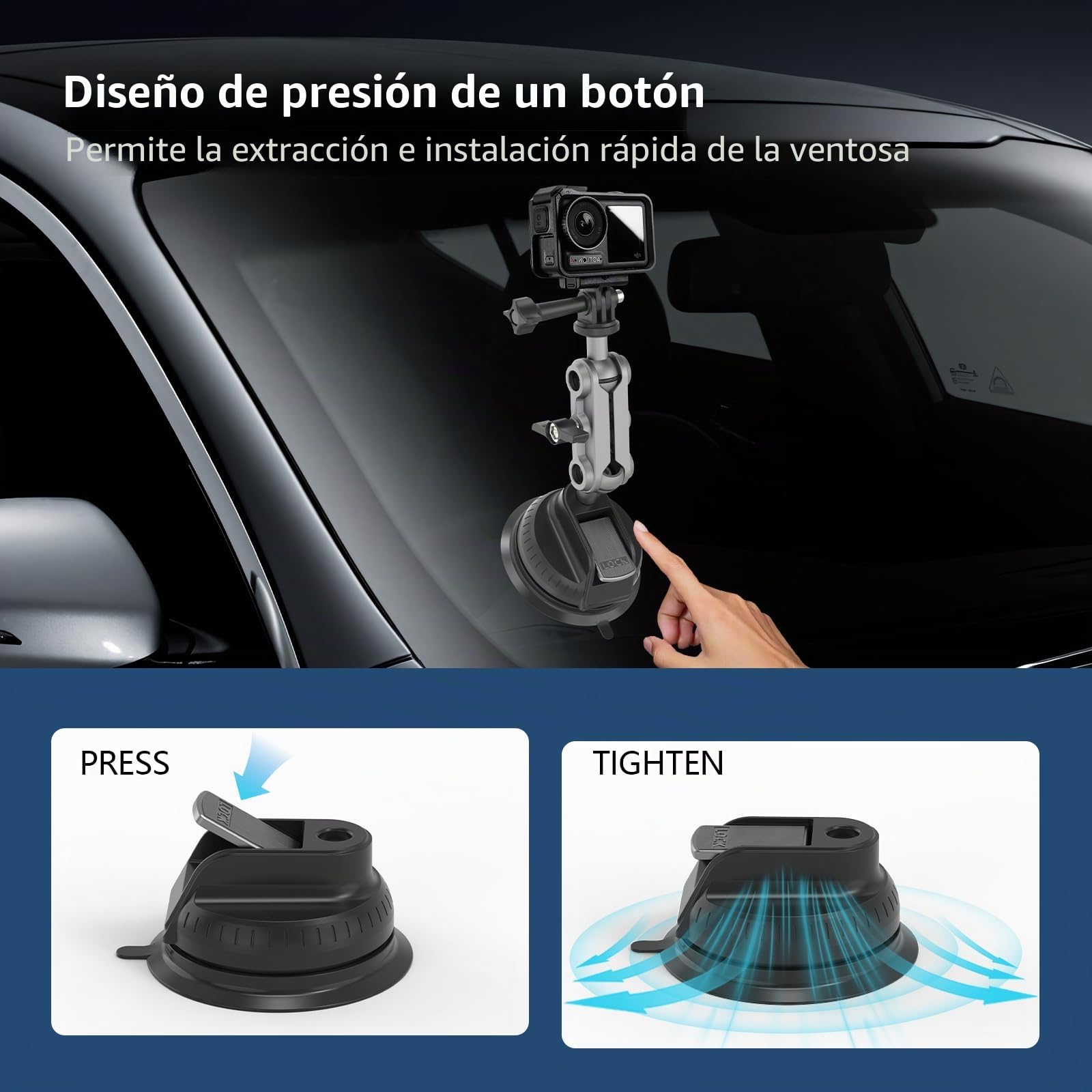 Wiseten Soporte de Ventosa Insta 360 X5 X4 X3 dji Osmo 360 Hero 13 12 11 10 9 Black, Ventosa Soporte con Cabeza de Bola Doble Rotación 360°, Montaje en Parabrisas o Ventana del Coche Accesorio