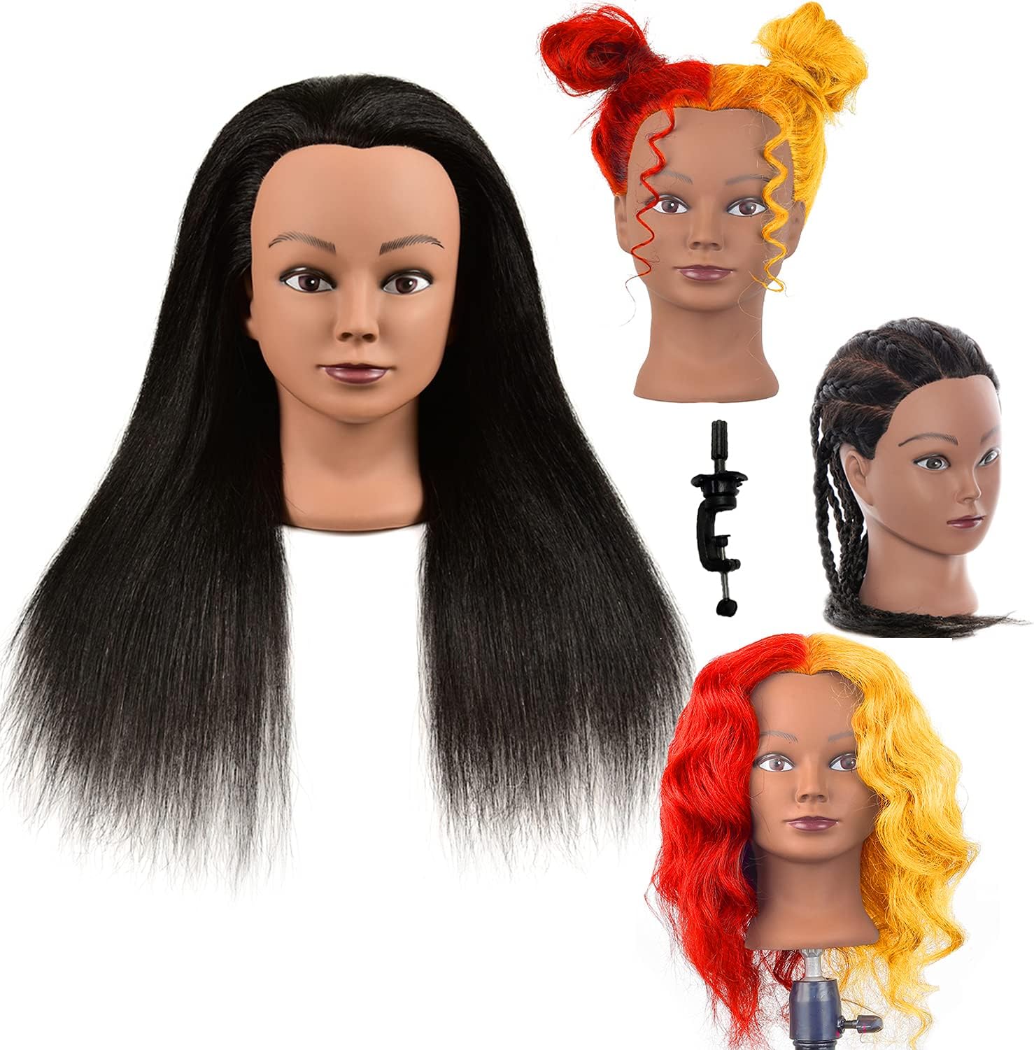 100% Real Hair Professional Mannequin Head, Cosmetology Manikin Practice Head, Upgrade Hairdresser Cosmetology Training Head For Styling Braid Curl Cut Practice (20'')