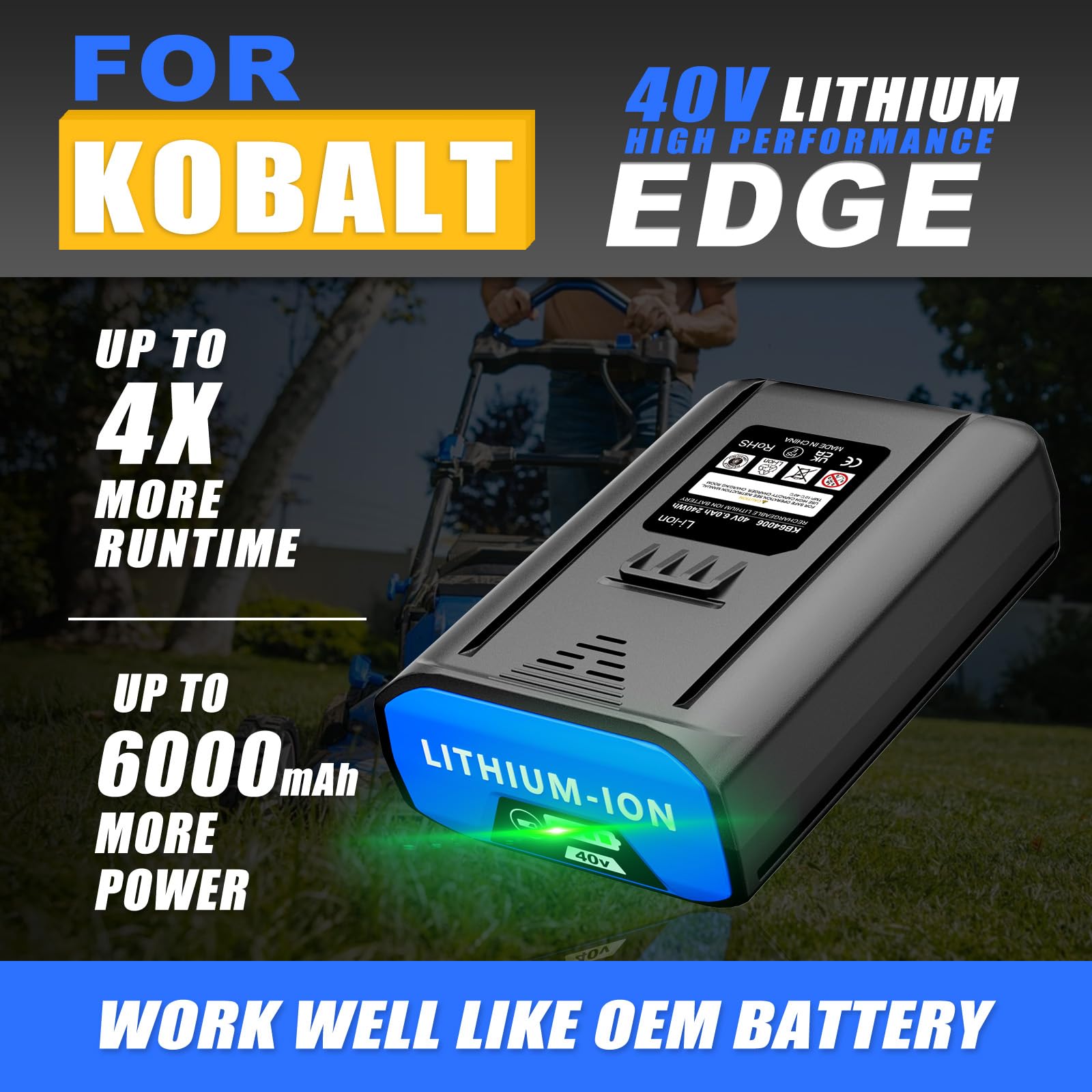 40 V di ricambio per Kobalt 40 V batteria 6.0Ah MAX 2540C-06, batteria ricaricabile agli ioni di litio per utensili elettrici Kobalt 40 V cordless