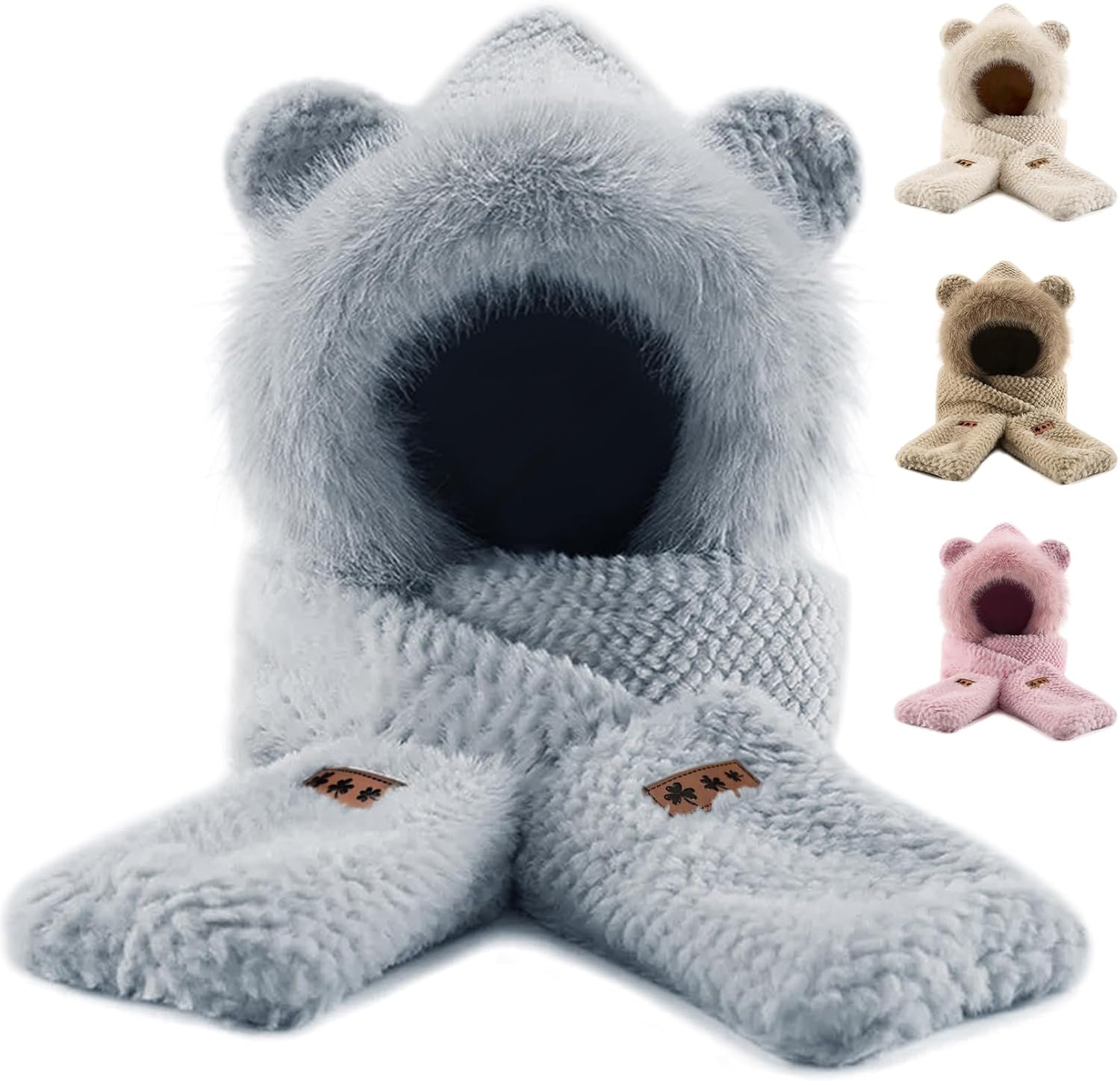 Hooded Scarf Hat Gloves for Women Winter, Bear Ears 3-in-1 Set - Plush Faux Fur, Soft and Warm, Cute Hat with Mittens